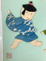 Japanese Shikishi Art Board Oshie Silk Fabric Playing Children Blue Green A777
