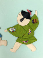 Japanese Shikishi Art Board Oshie Silk Fabric Playing Children Blue Green A777