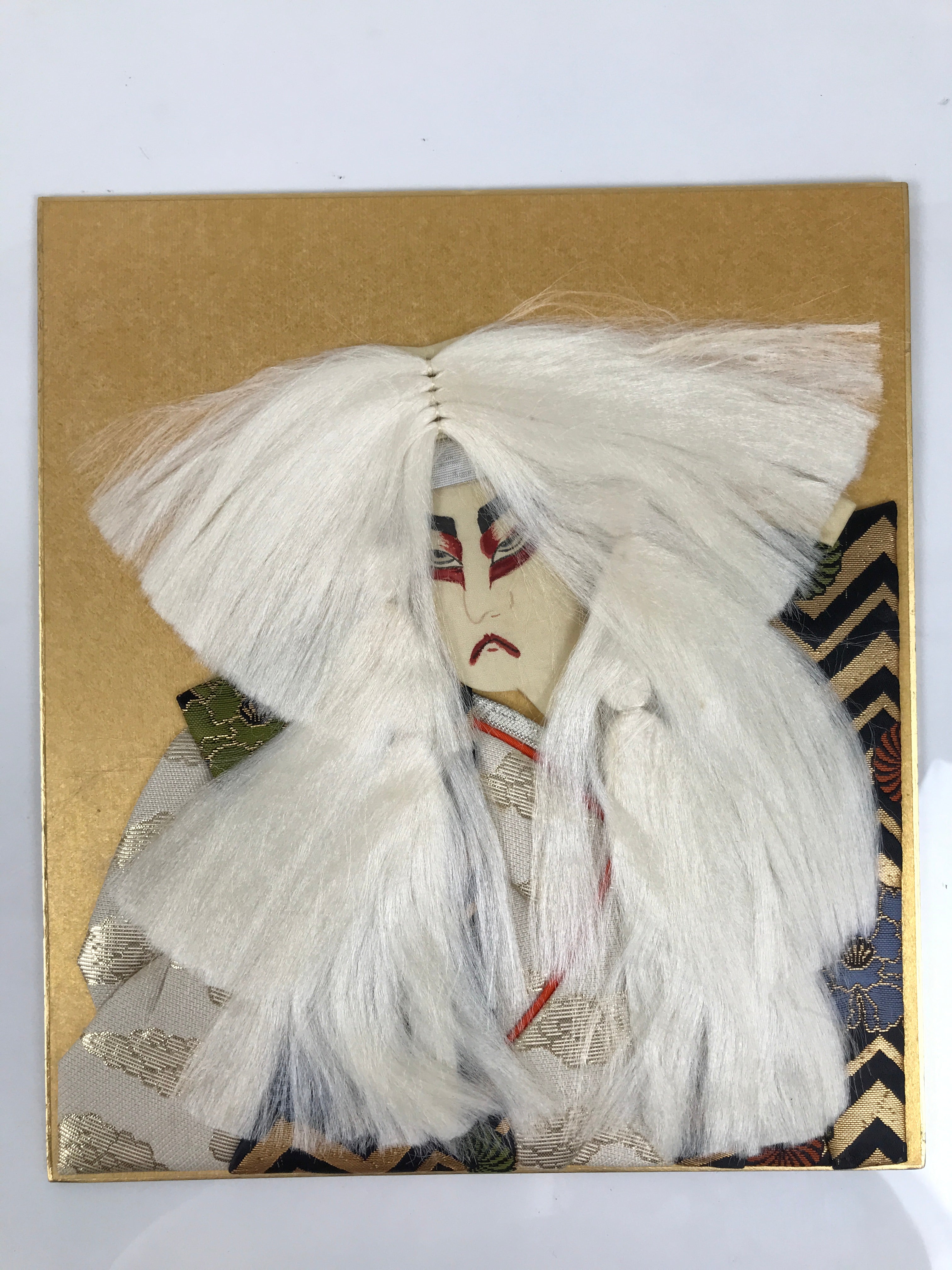 Japanese Shikishi Art Board Oshie Silk Fabric Renjishi White Lion Kabuki A784