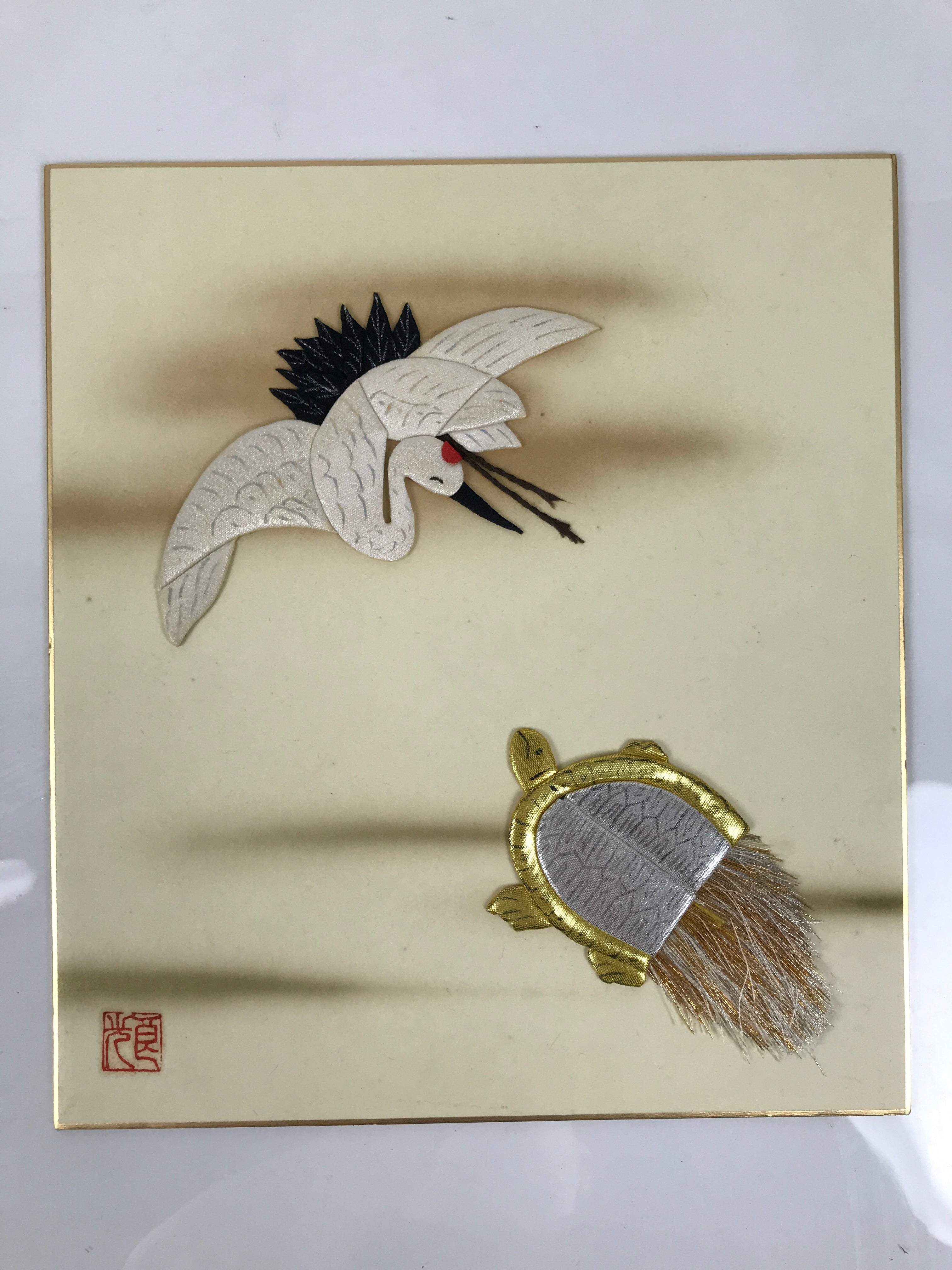 Japanese Shikishi Art Board Oshie Silk Fabric Tsuru Crane Minogame Turtle A795
