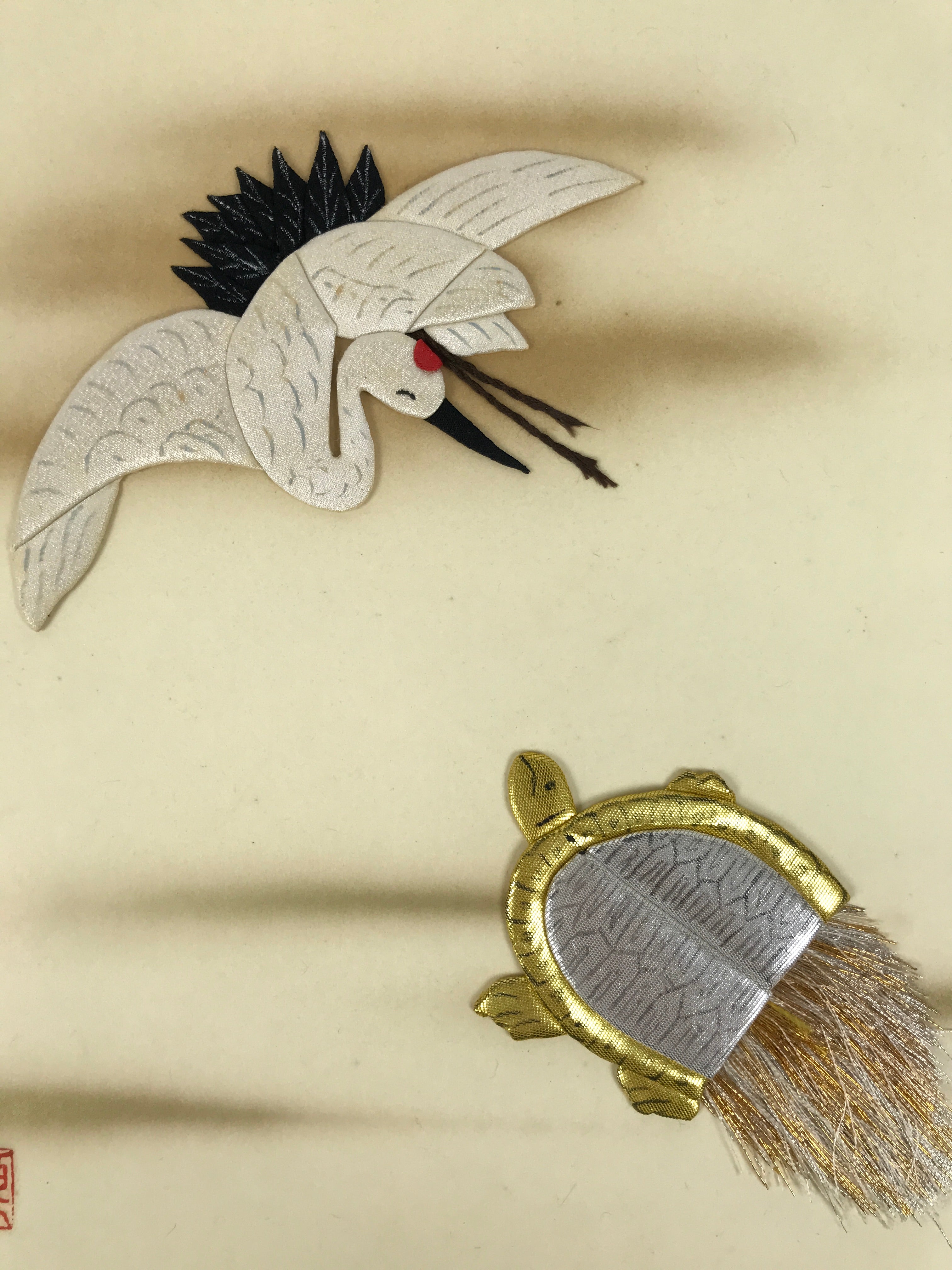 Japanese Shikishi Art Board Oshie Silk Fabric Tsuru Crane Minogame Turtle A795