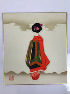 Japanese Shikishi Art Board Oshie Silk Fabric Vtg Geisha Maiko Kimono Woman A793