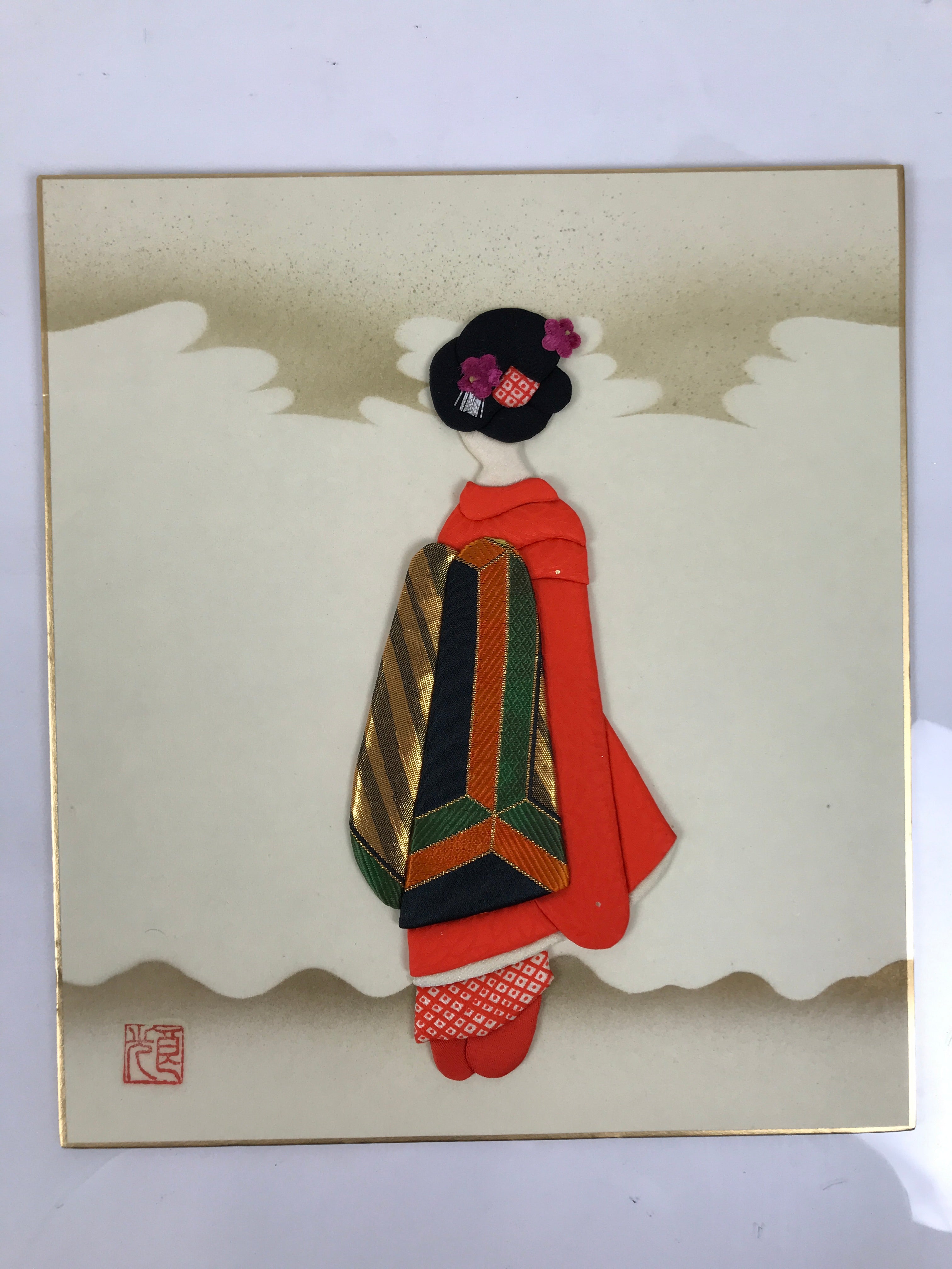 Japanese Shikishi Art Board Oshie Silk Fabric Vtg Geisha Maiko Kimono Woman A793