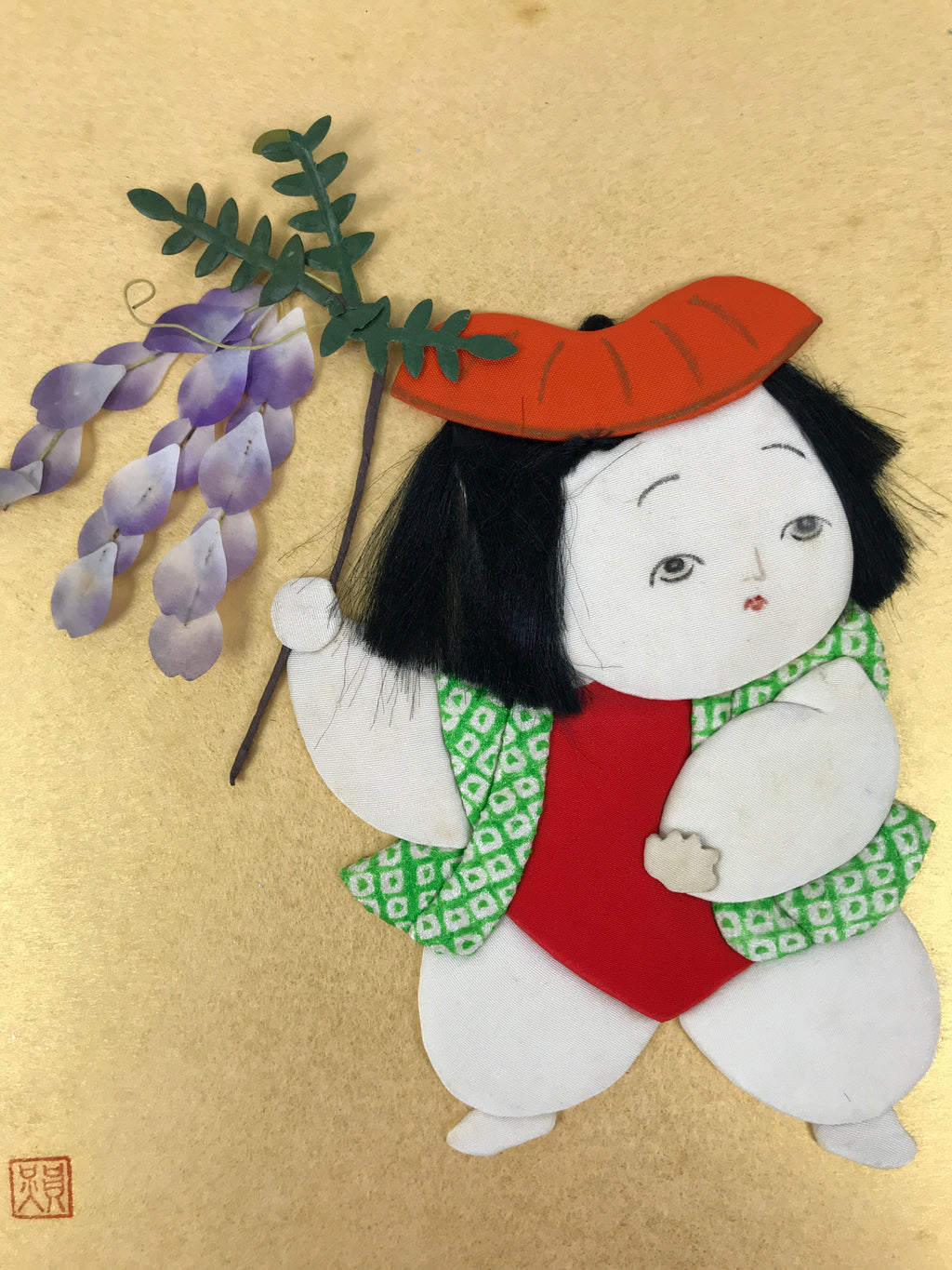 Japanese Shikishi Art Board Oshie Silk Fabric Vtg Gosho Ningyo Doll Child A785