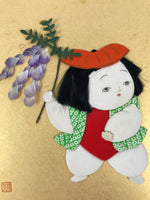 Japanese Shikishi Art Board Oshie Silk Fabric Vtg Gosho Ningyo Doll Child A785