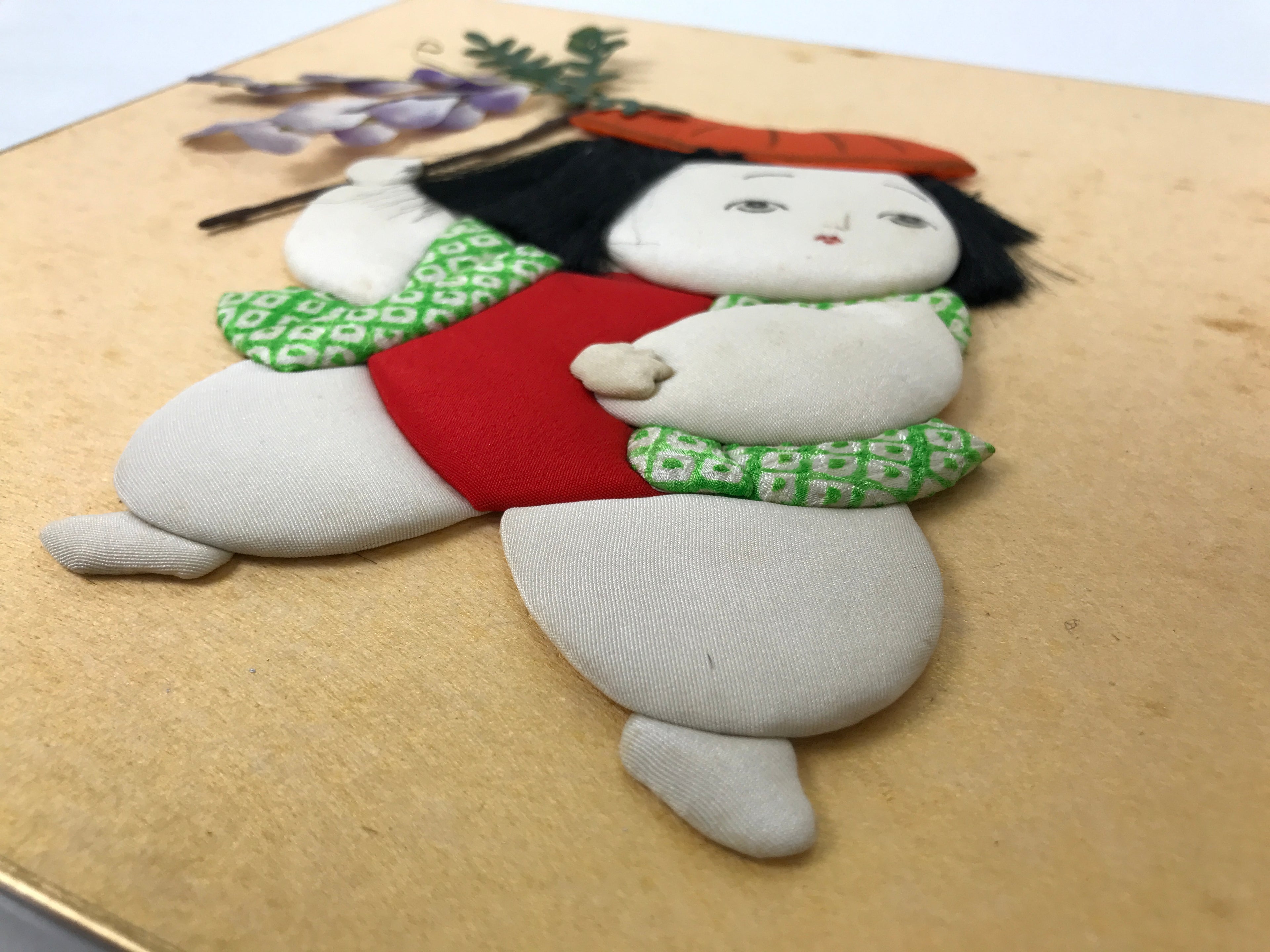 Japanese Shikishi Art Board Oshie Silk Fabric Vtg Gosho Ningyo Doll Child A785