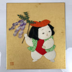 Japanese Shikishi Art Board Oshie Silk Fabric Vtg Gosho Ningyo Doll Child A785
