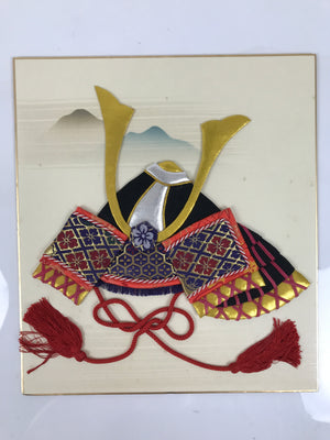 Japanese Shikishi Art Board Oshie Silk Fabric Vtg Kabuto Samurai