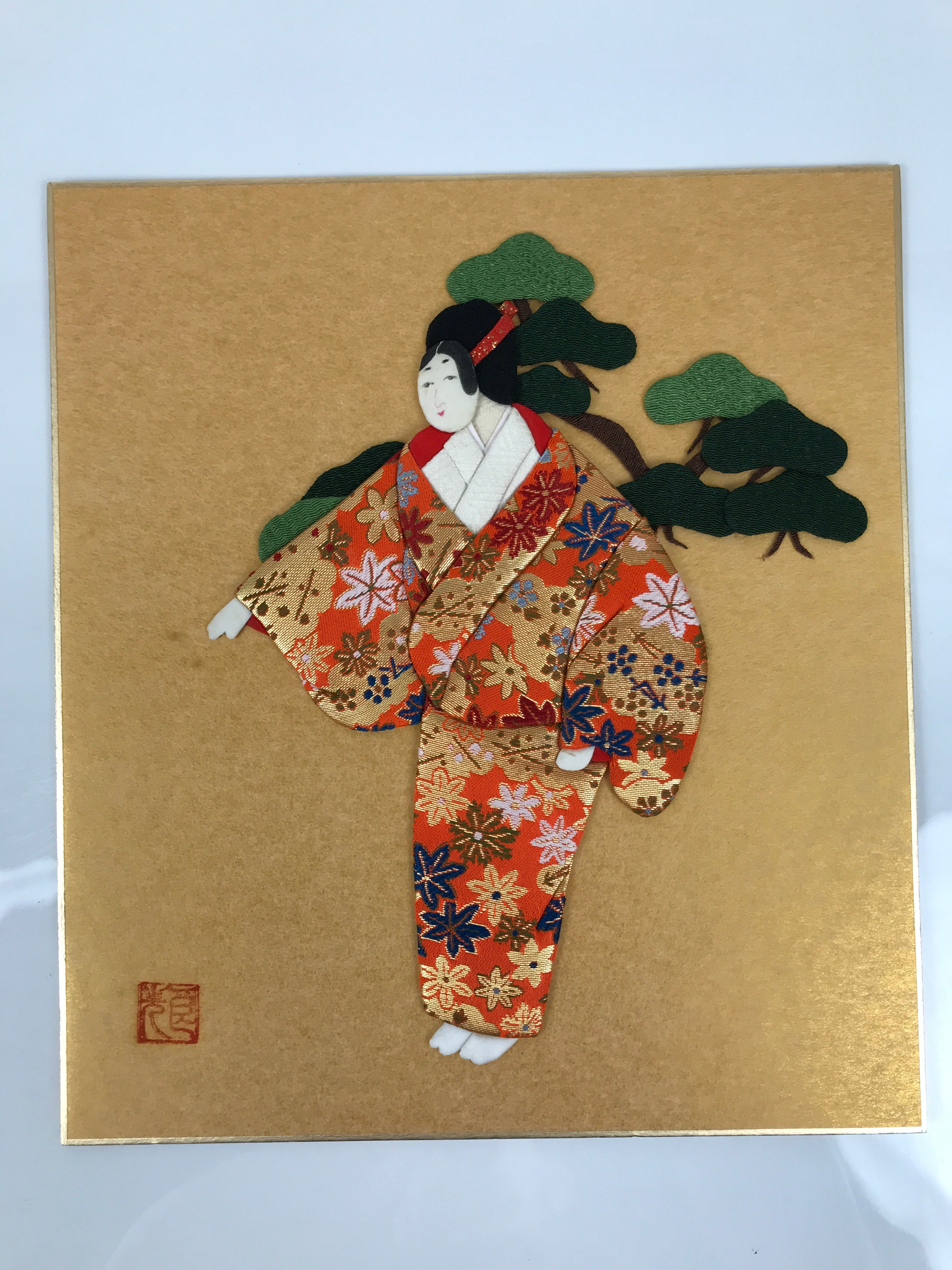 邦楽 tajimahal&TOSHIKIHAYASHI(%C) Thin Lines Japanese Shikishi Art Board Oshie Silk Fabric Vtg Kimono Woman