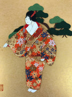 Japanese Shikishi Art Board Oshie Silk Fabric Vtg Kimono Woman Geisha Mask A775R
