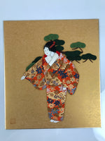 Japanese Shikishi Art Board Oshie Silk Fabric Vtg Kimono Woman Geisha Mask A778