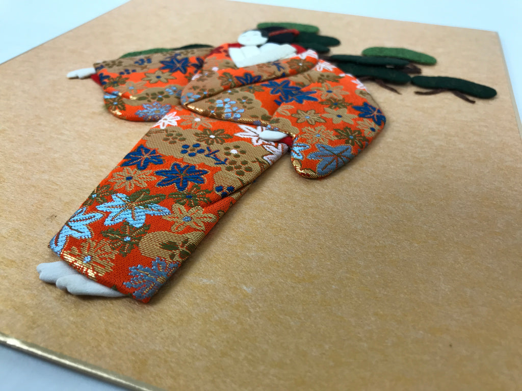 Japanese Shikishi Art Board Oshie Silk Fabric Vtg Kimono Woman Geisha Mask A778