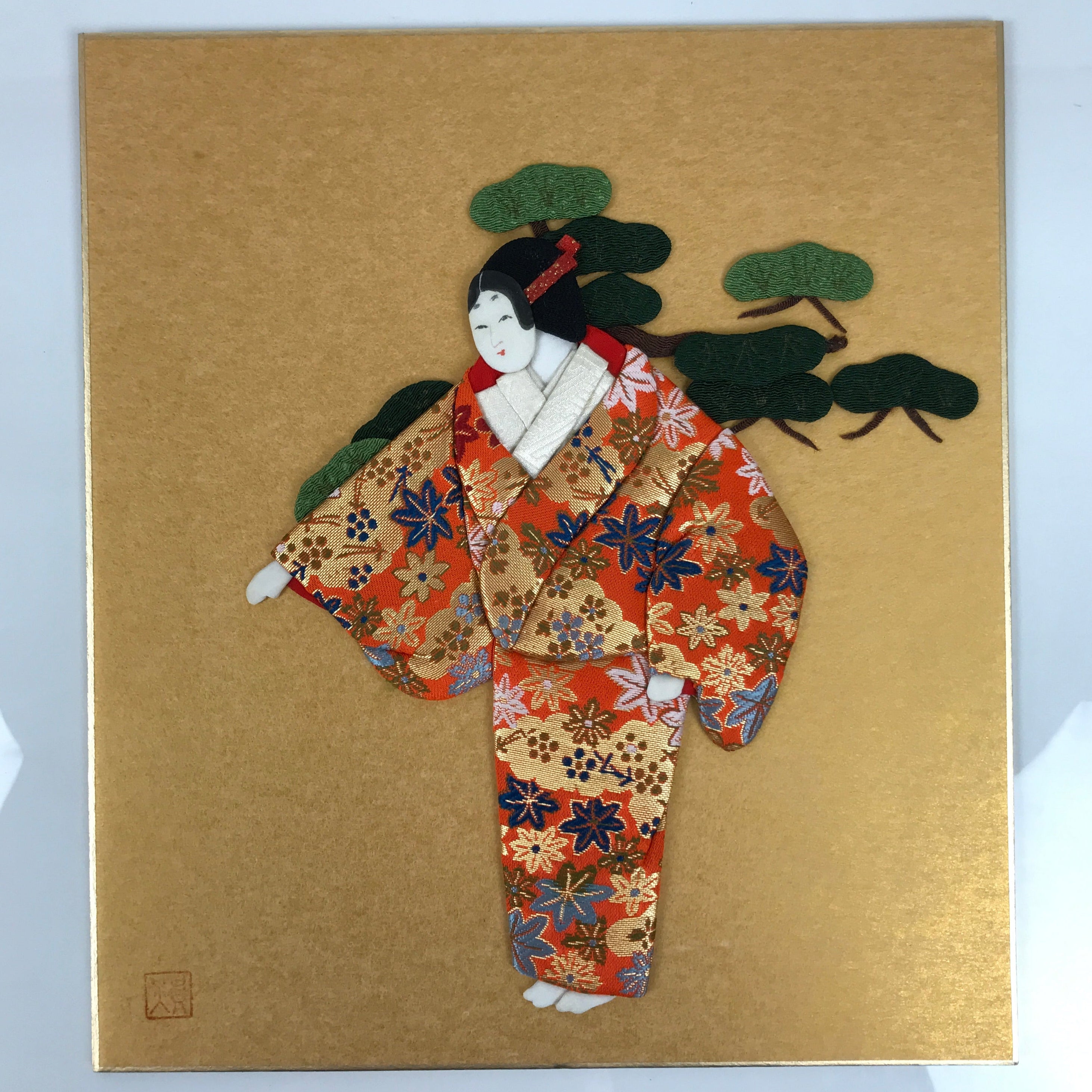 Japanese Shikishi Art Board Oshie Silk Fabric Vtg Kimono Woman