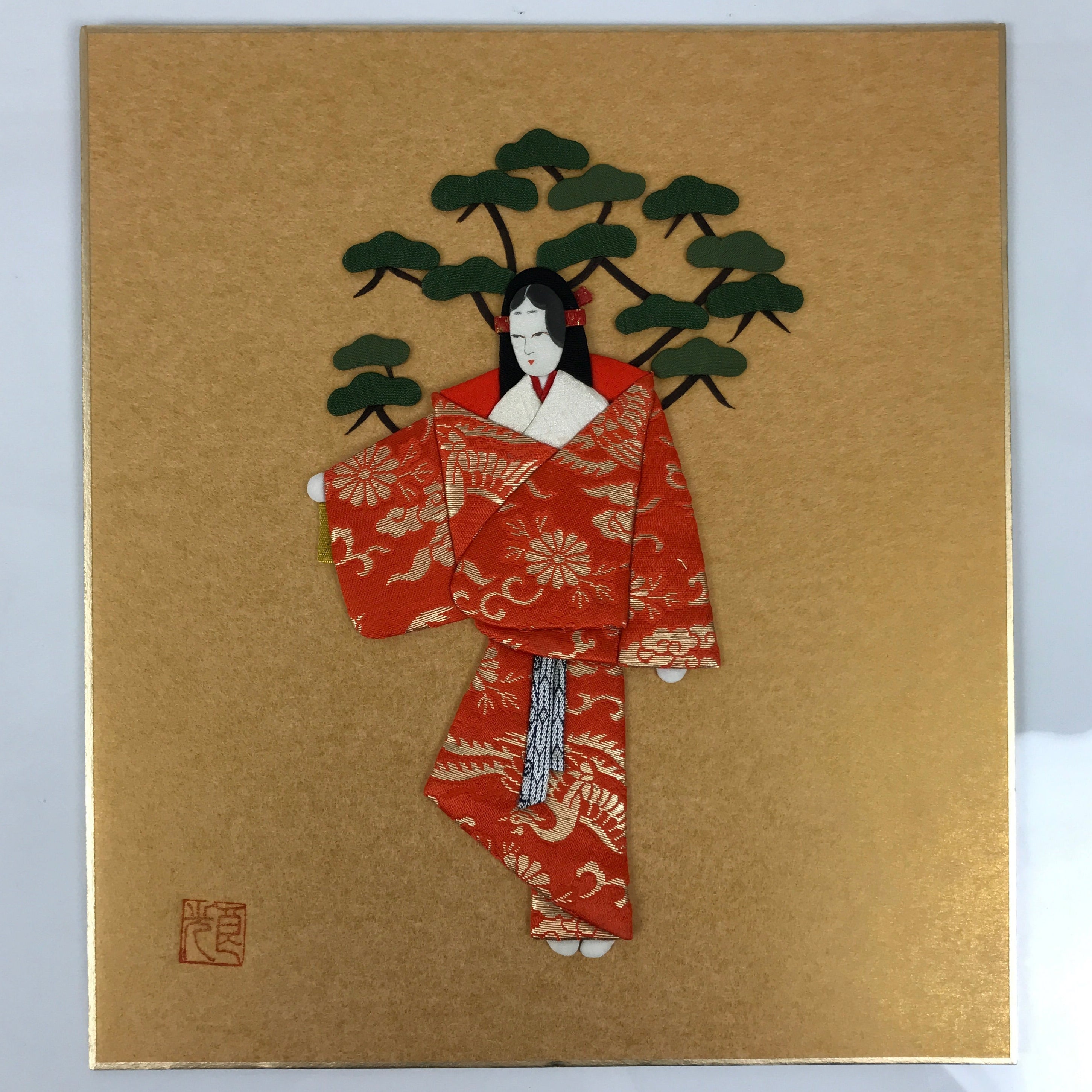 Japanese Shikishi Art Board Oshie Silk Fabric Vtg Kimono Woman Geisha Mask A779