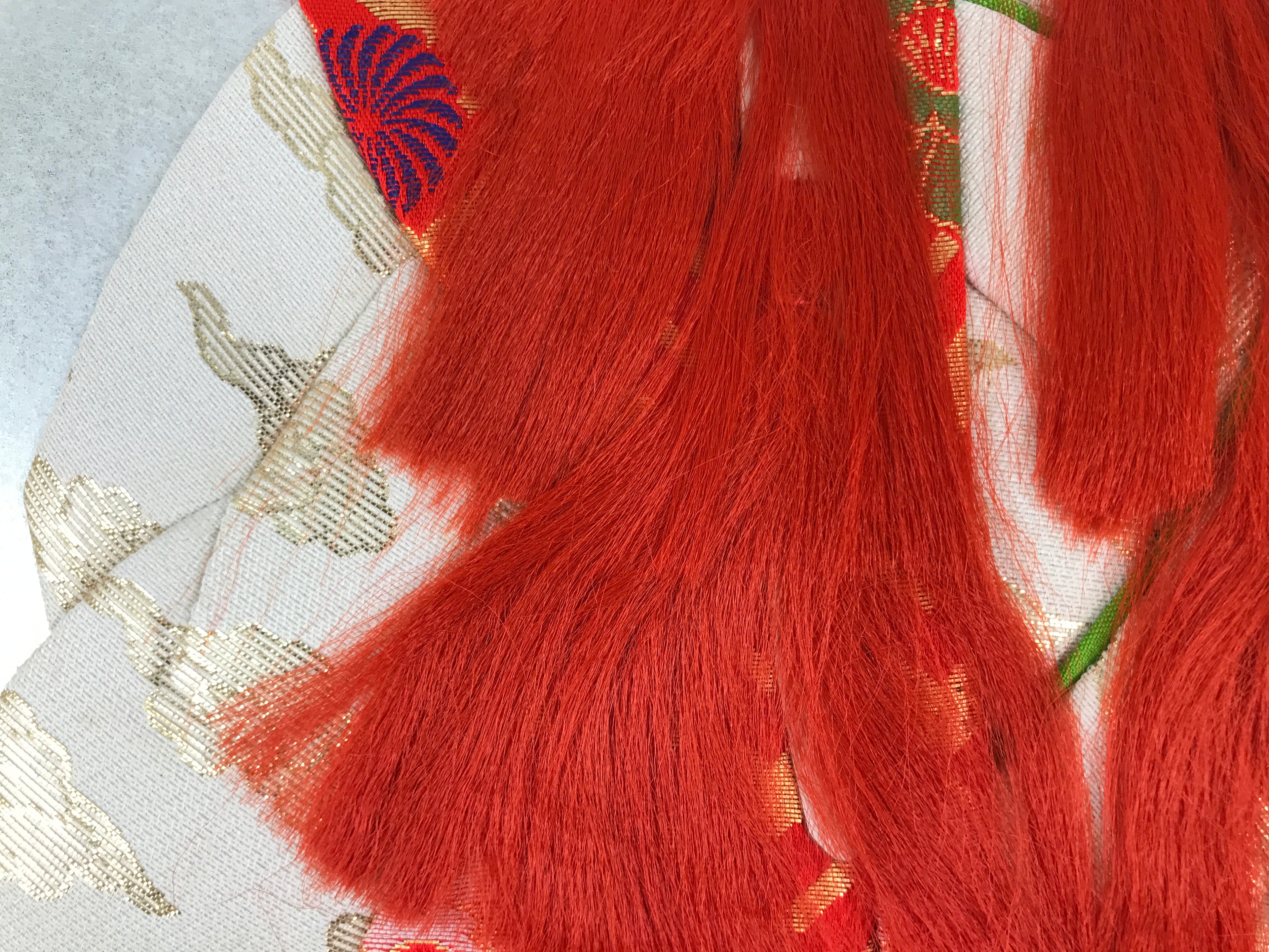 Japanese Shikishi Art Board Oshie Silk Fabric Vtg Renjishi Red Lion Kabuki A783