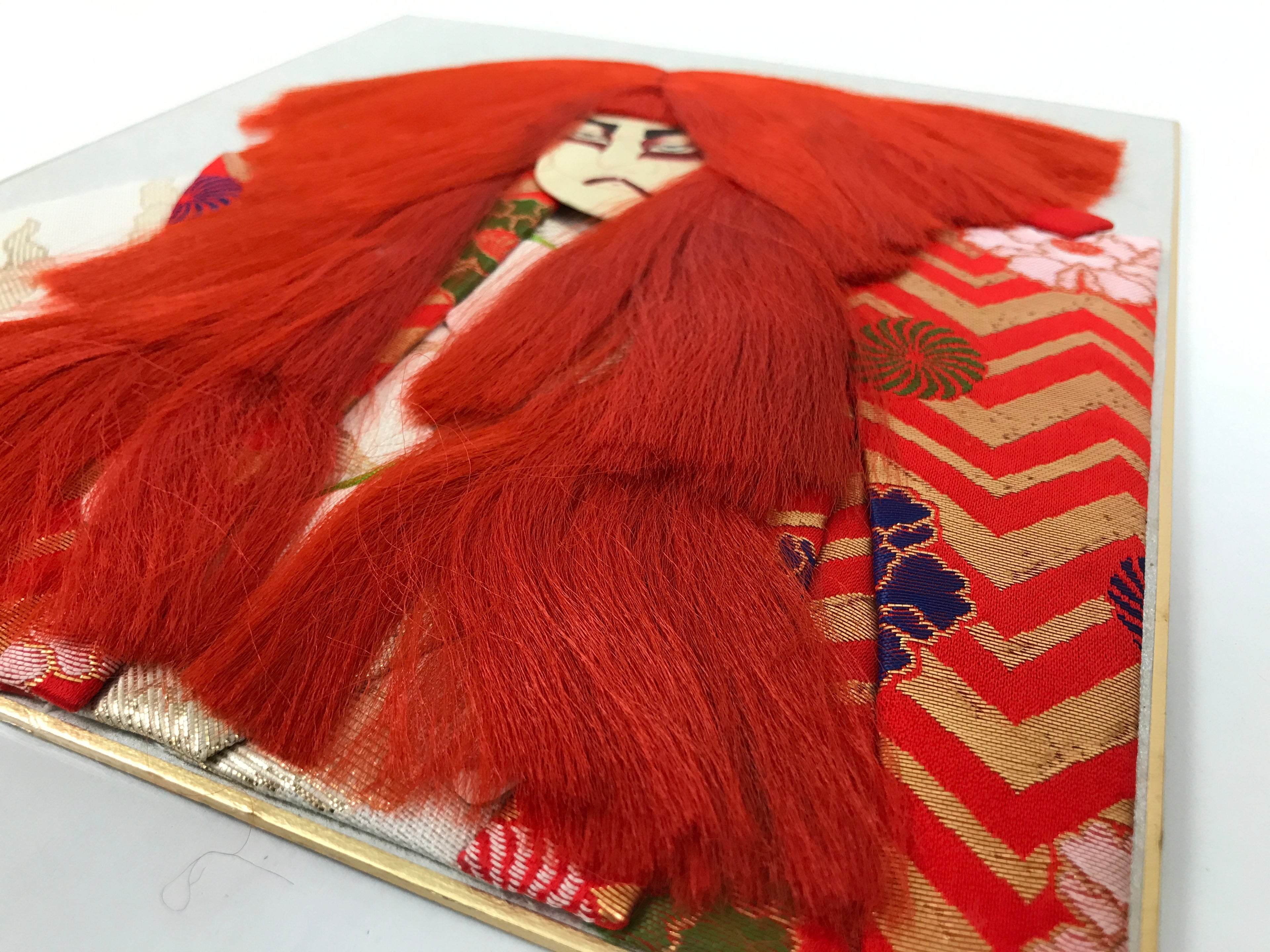 Japanese Shikishi Art Board Oshie Silk Fabric Vtg Renjishi Red Lion Kabuki A783