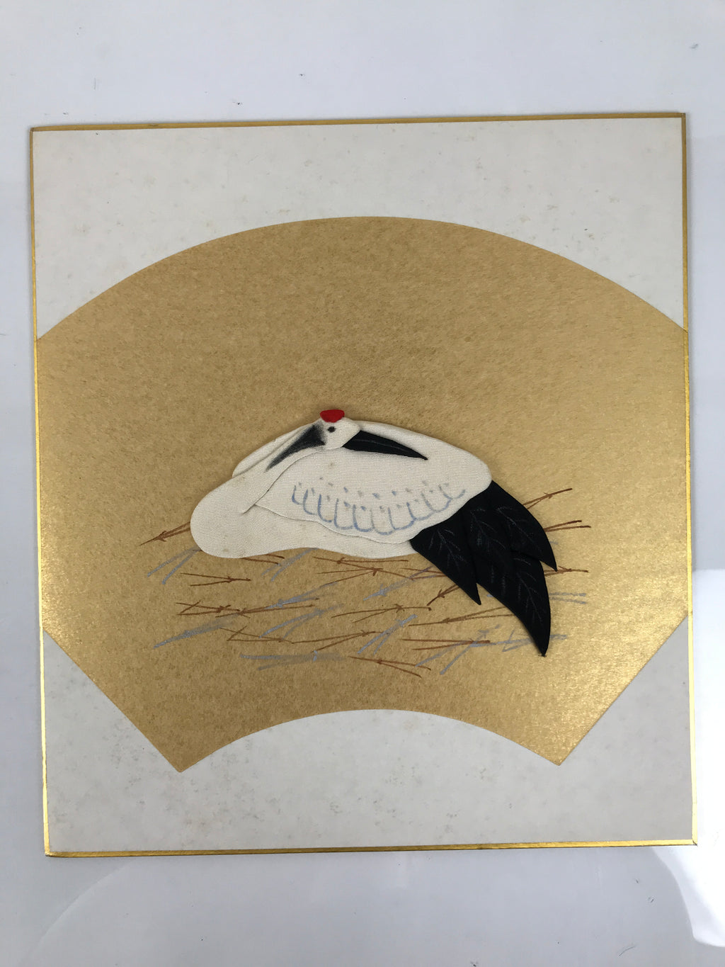 Japanese Shikishi Art Board Oshie Silk Fabric Vtg Tsuru Crane Tanchou Bird A790