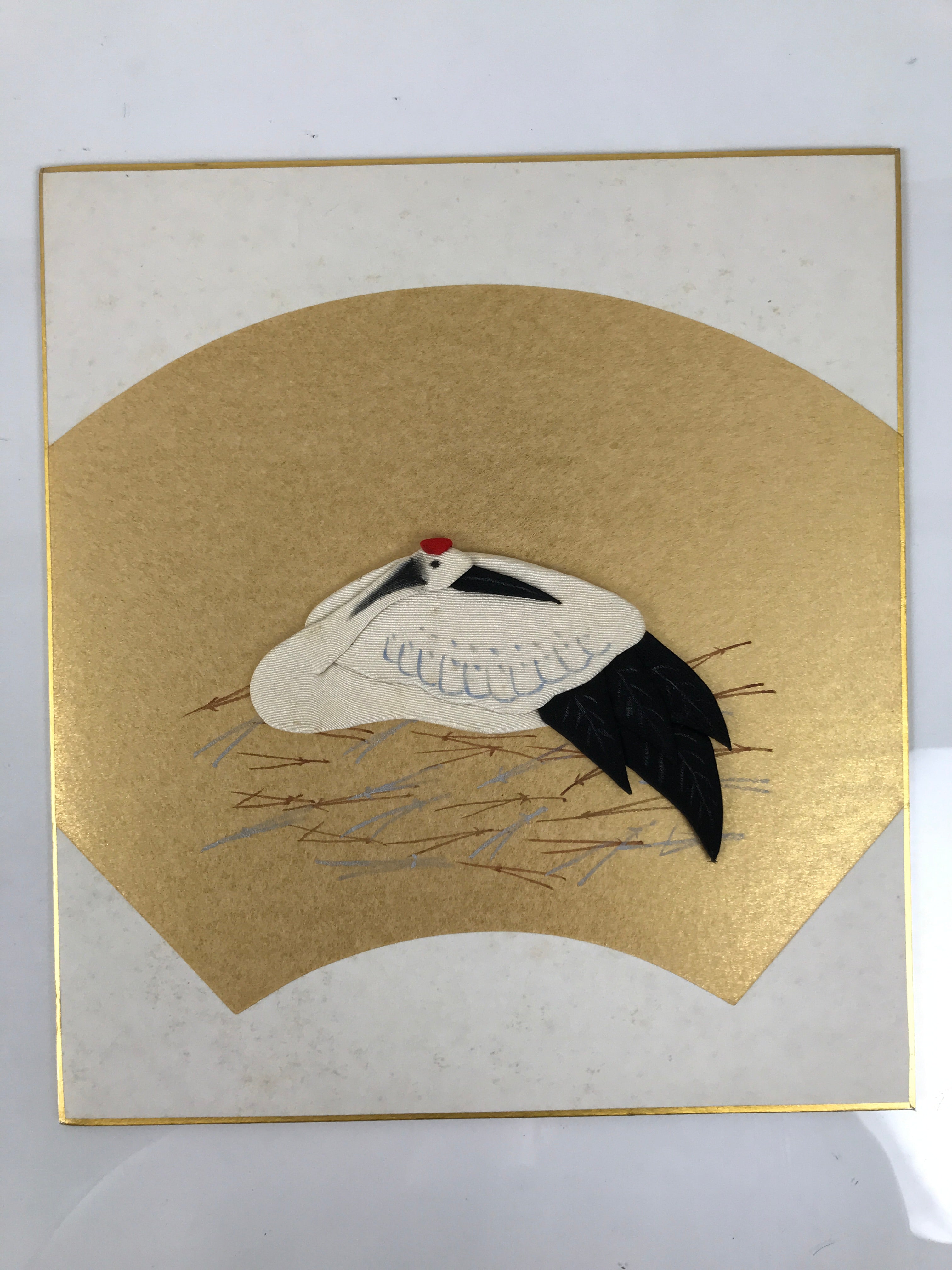 Japanese Shikishi Art Board Oshie Silk Fabric Vtg Tsuru Crane Tanchou Bird A790