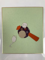 Japanese Shikishi Art Board Oshie Silk Fabric Vtg Zodiac Mouse Lucky Hammer A782
