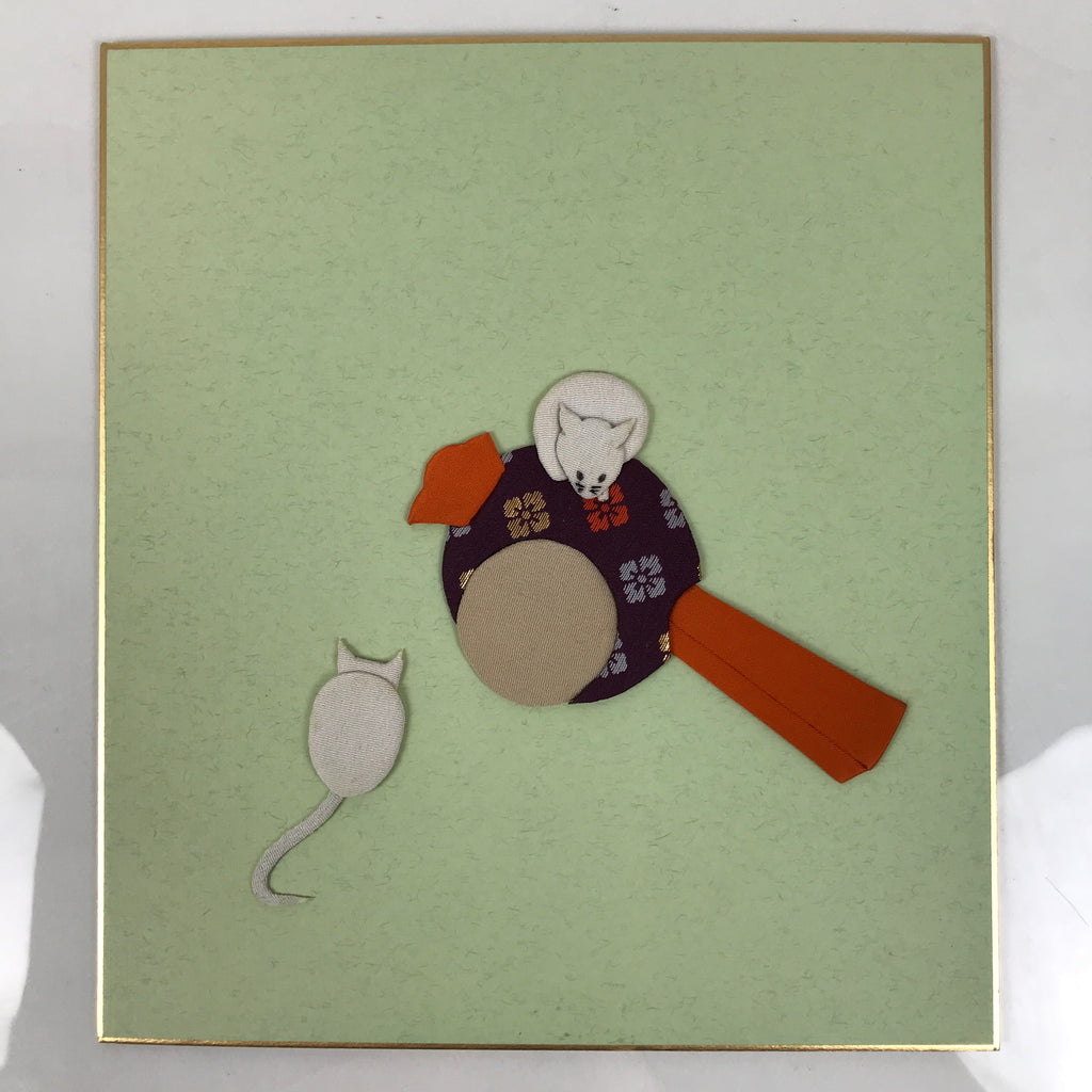 Japanese Shikishi Art Board Oshie Silk Fabric Vtg Zodiac Mouse Lucky Hammer A782