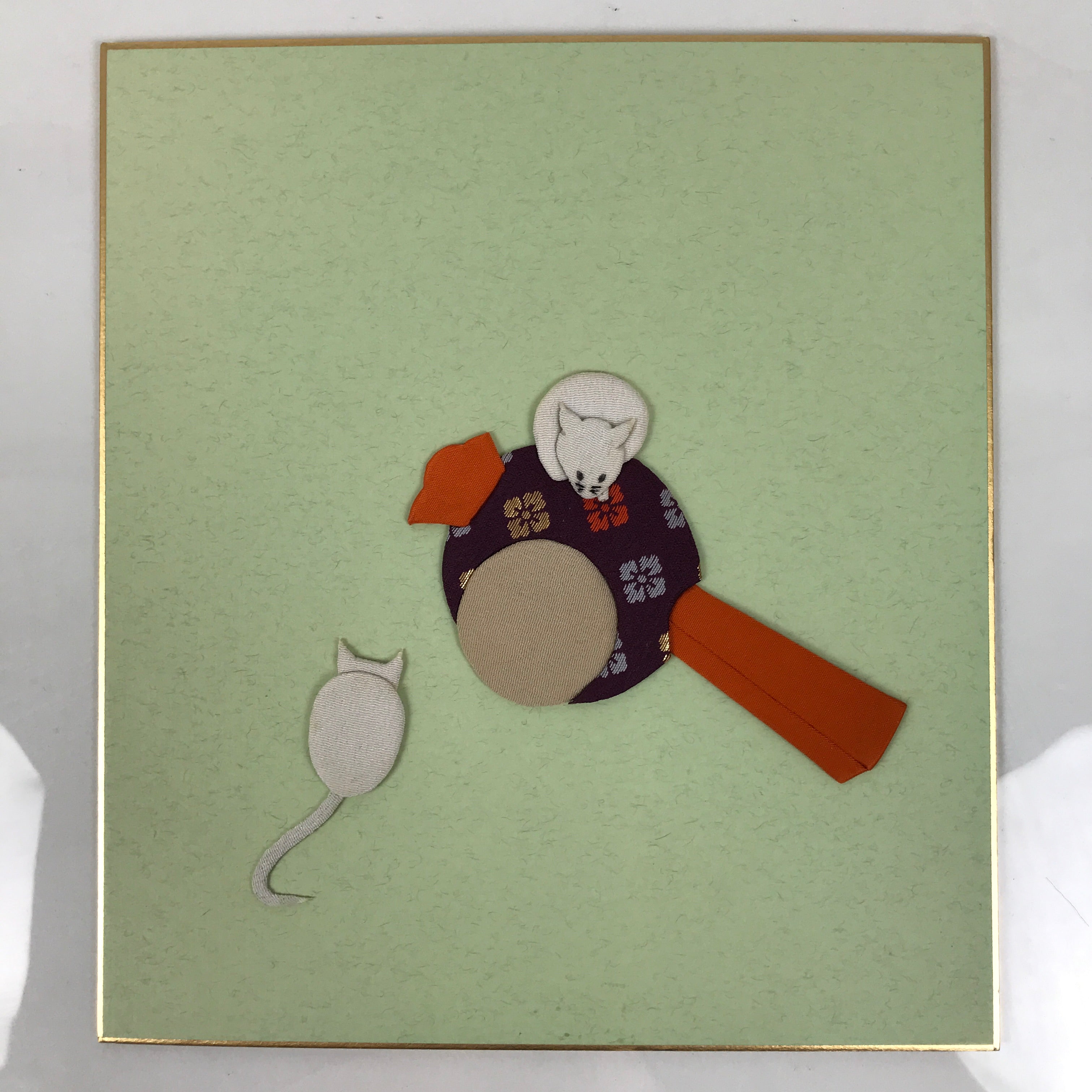 Japanese Shikishi Art Board Oshie Silk Fabric Vtg Zodiac Mouse Lucky Hammer A782