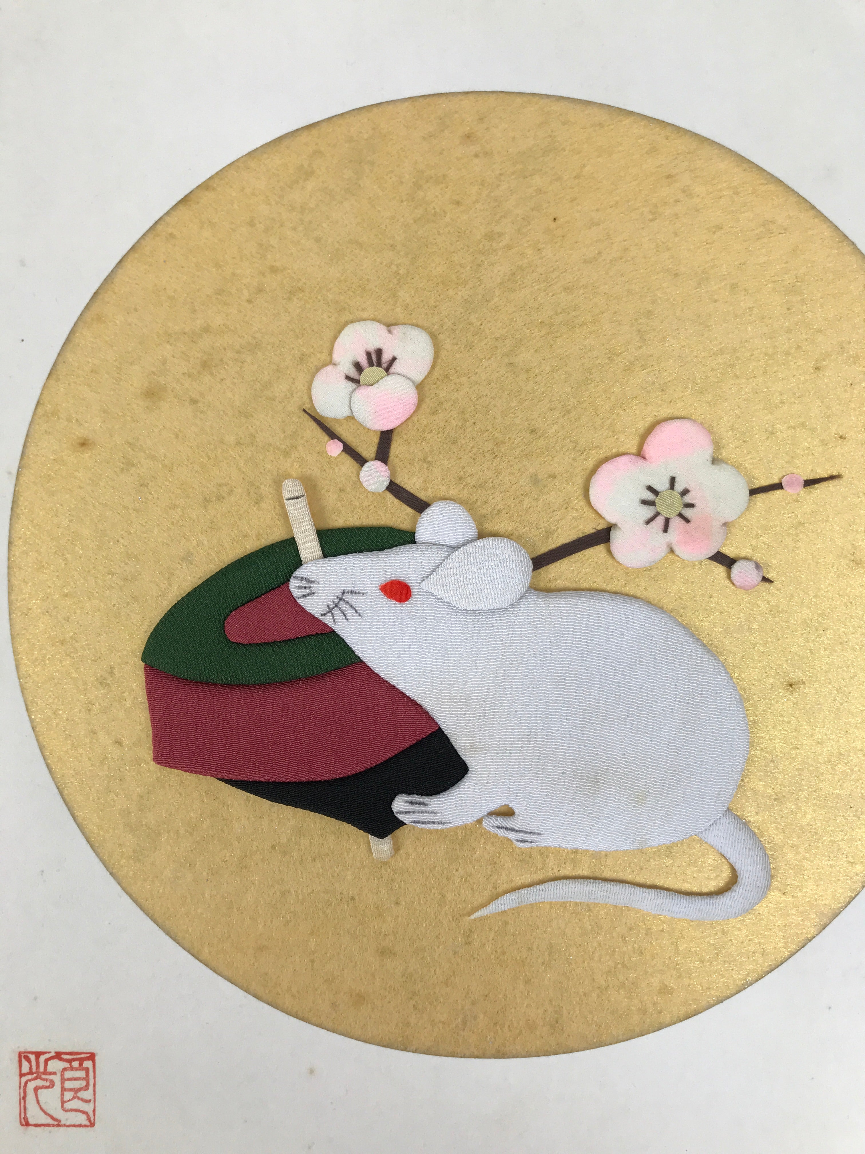 Japanese Shikishi Art Board Oshie Silk Fabric Zodiac Mouse Plum Blossoms A794