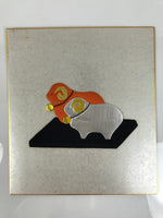 Japanese Shikishi Art Board Oshie Silk Fabric Zodiac Sheep Hitsuji Silver A780