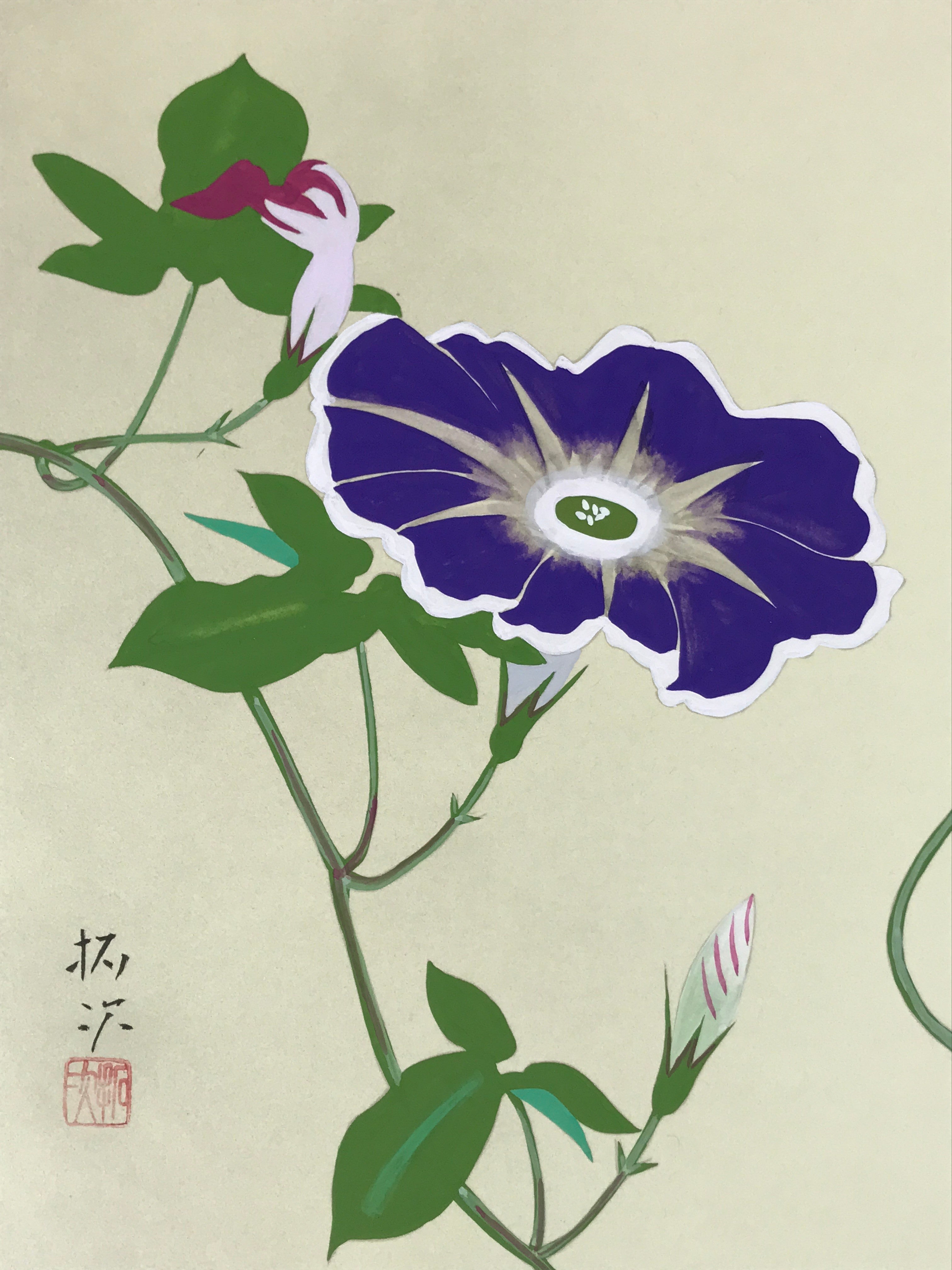 Japanese Shikishi Art Board Painting Asagao Morning Glory Purple W/ Card A610