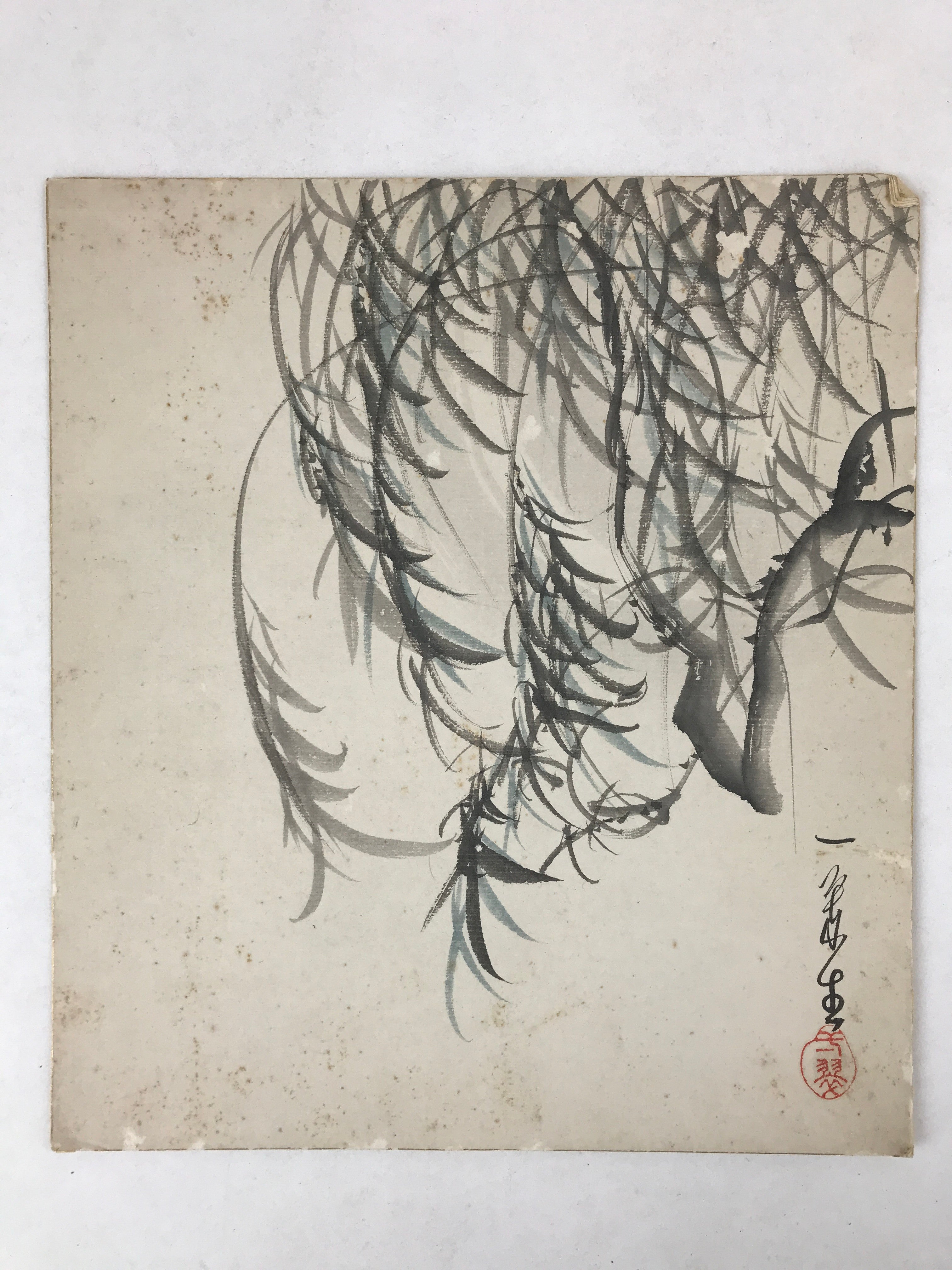 Japanese Shikishi Art Board Painting Black Blue Yanagi Weeping Willow A599