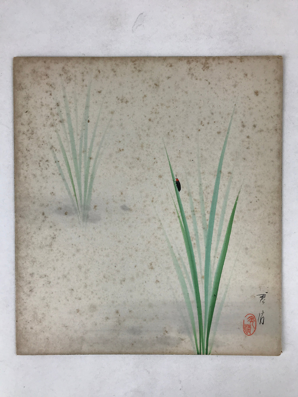 Japanese Shikishi Art Board Painting Black Red Insect On Green Grass A597