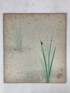 Japanese Shikishi Art Board Painting Black Red Insect On Green Grass A597