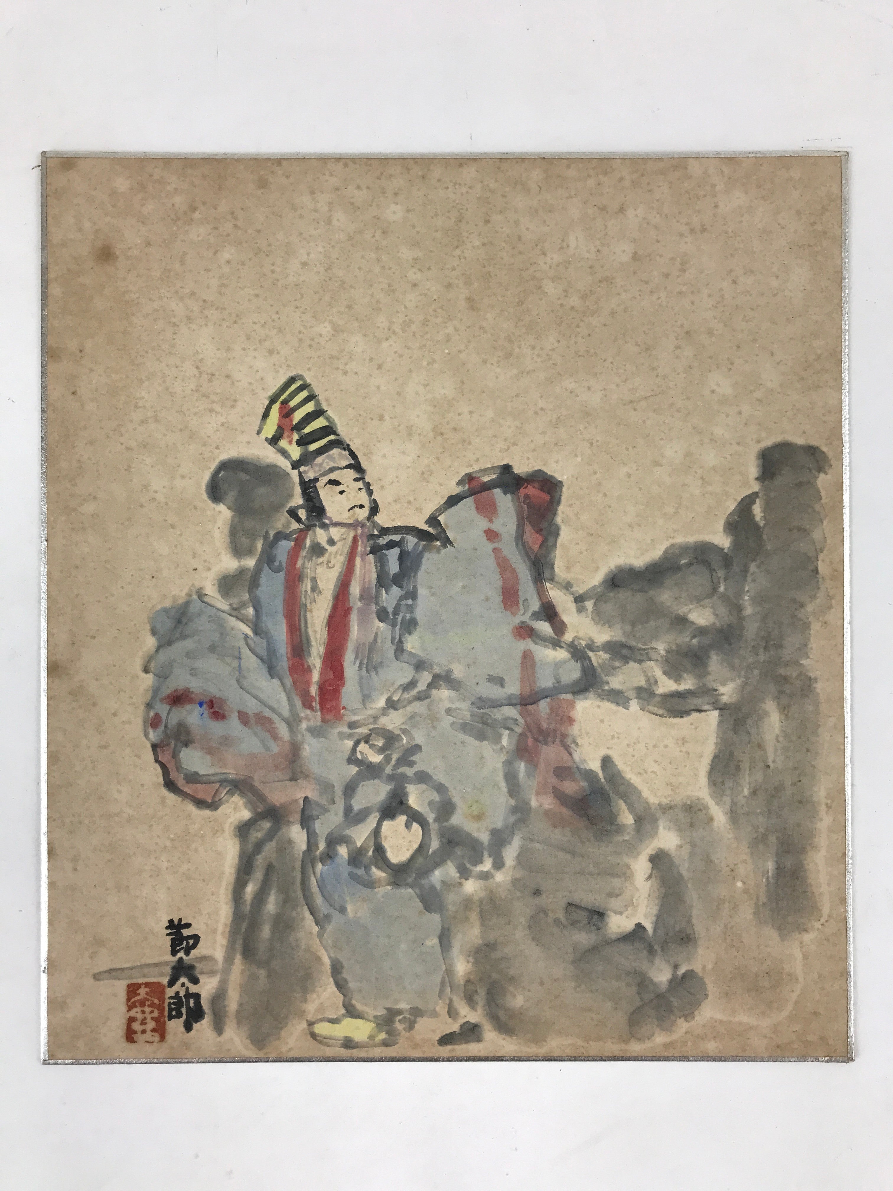 Japanese Shikishi Art Board Painting Emperor Child Vtg Blue Red Painting A550