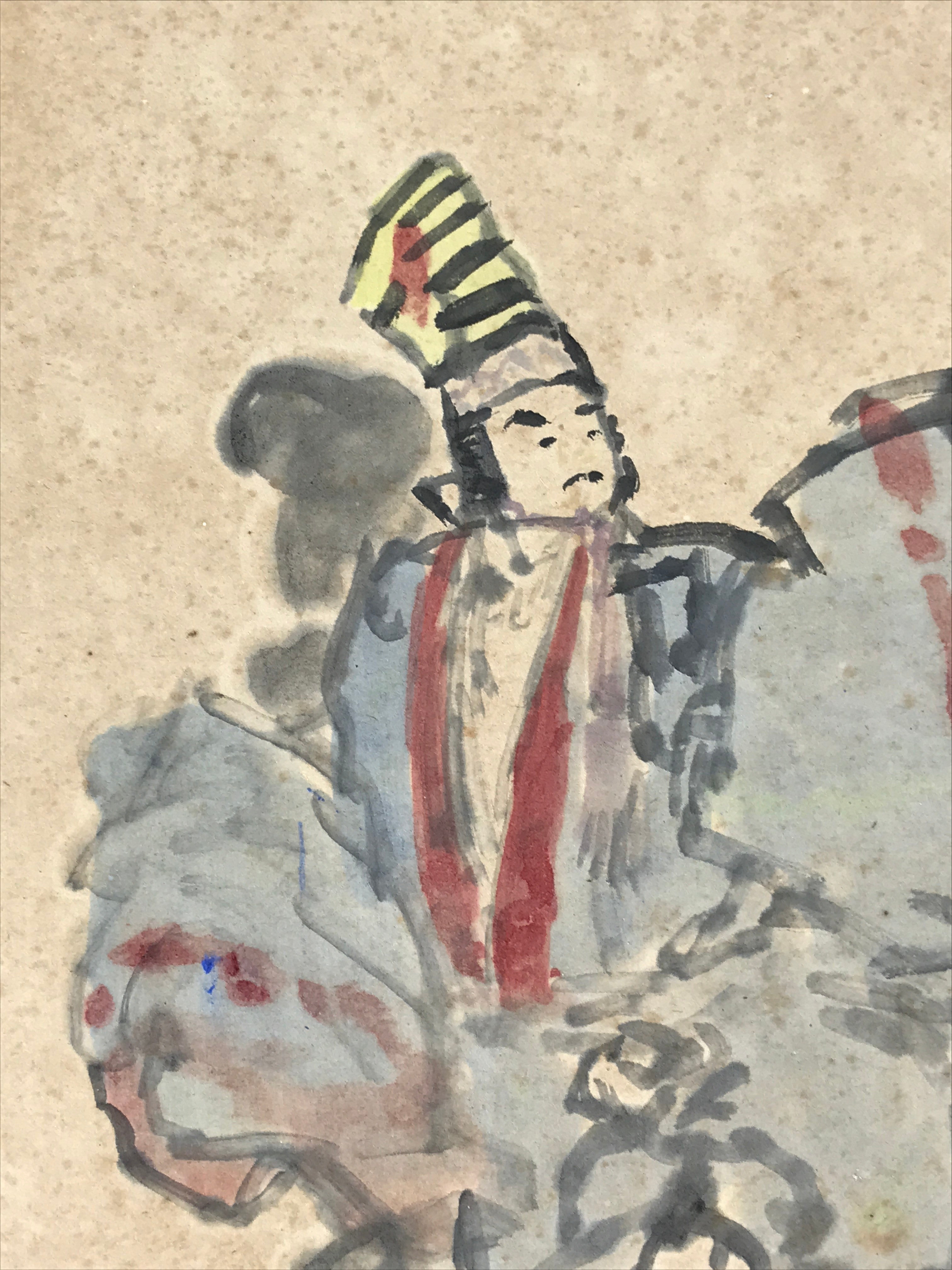 Japanese Shikishi Art Board Painting Emperor Child Vtg Blue Red Painting A550