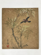 Japanese Shikishi Art Board Painting Flying Bird Vtg Foliage Black Purple A546