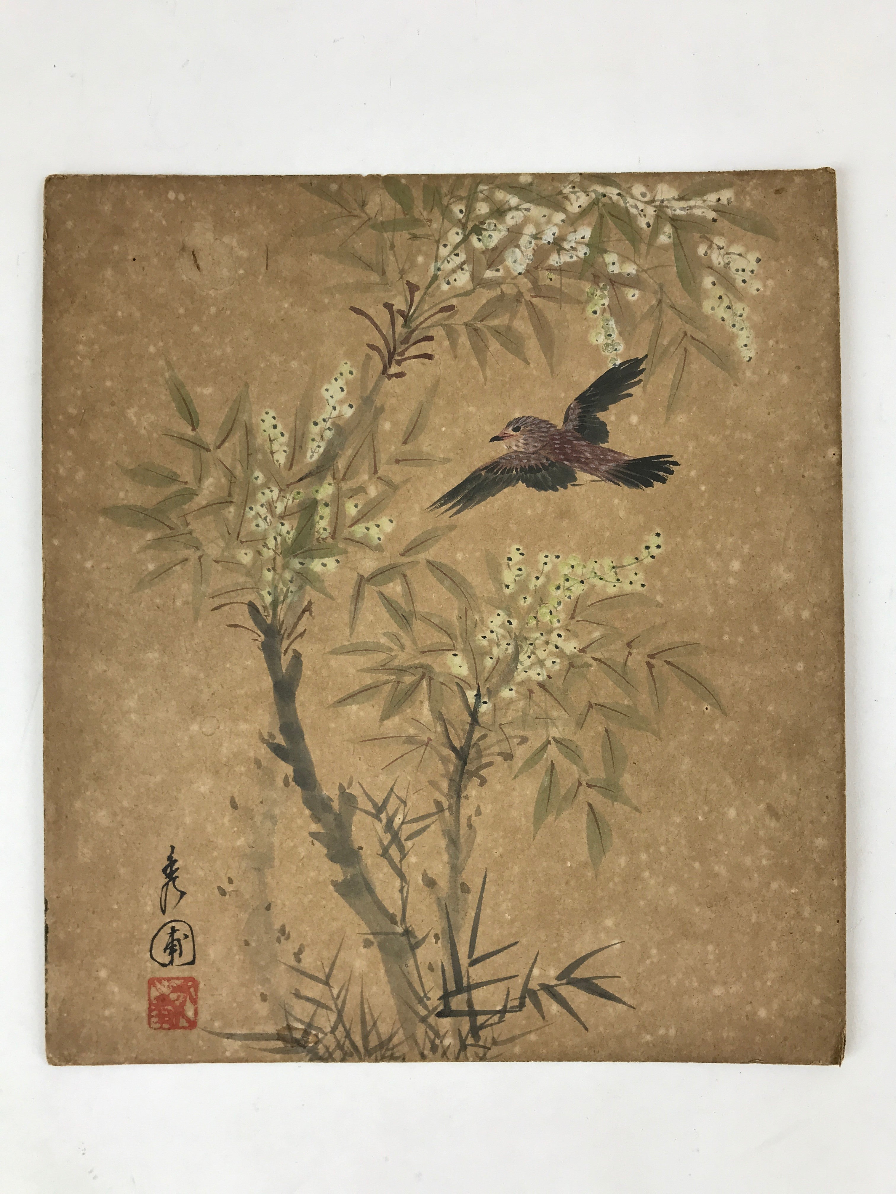Japanese Shikishi Art Board Painting Flying Bird Vtg Foliage Black Purple A546