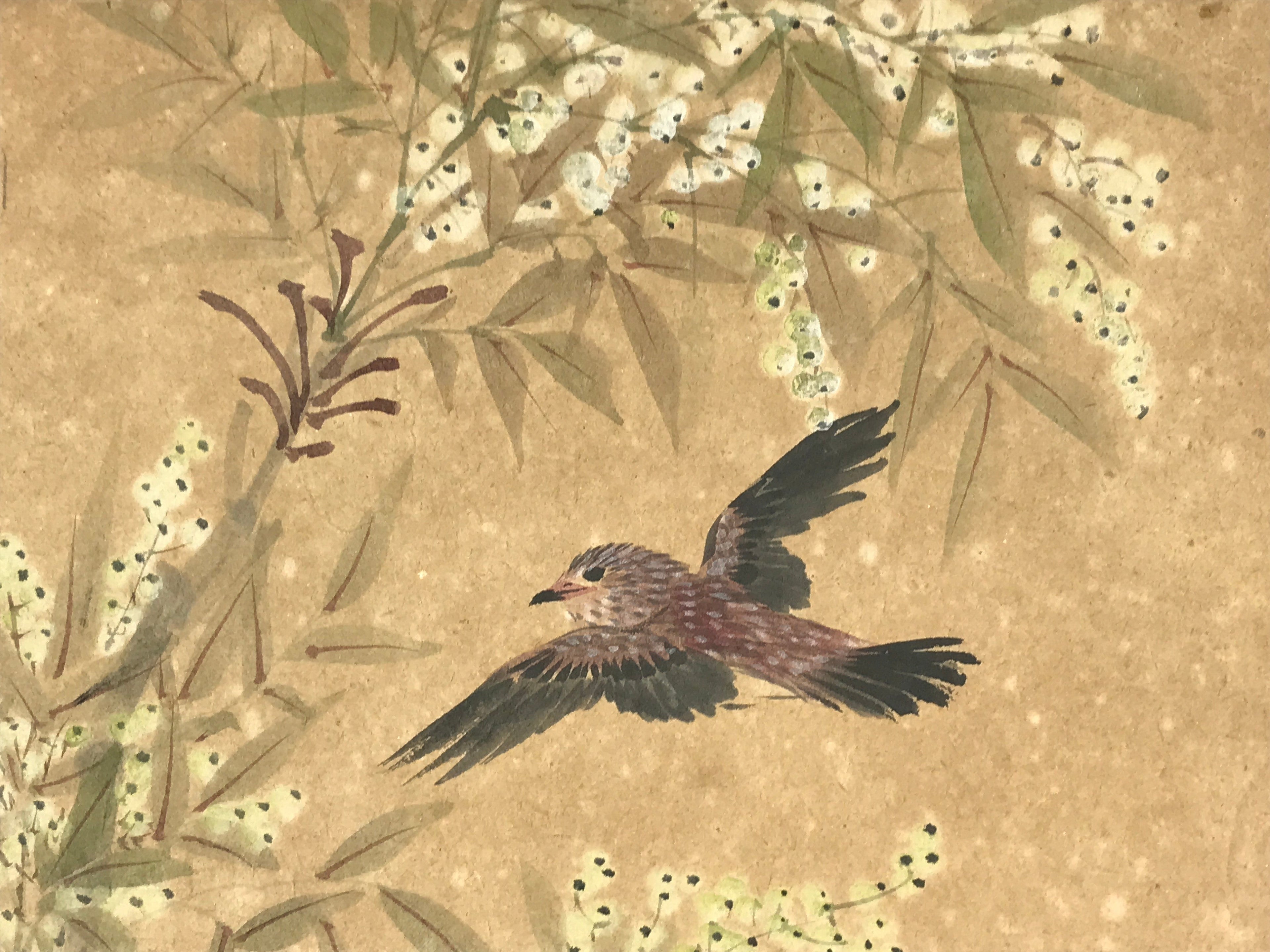 Japanese Shikishi Art Board Painting Flying Bird Vtg Foliage Black Purple A546