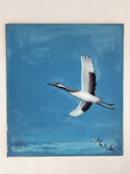 Japanese Shikishi Art Board Painting Flying Crane Tsuru Blue Sky A579