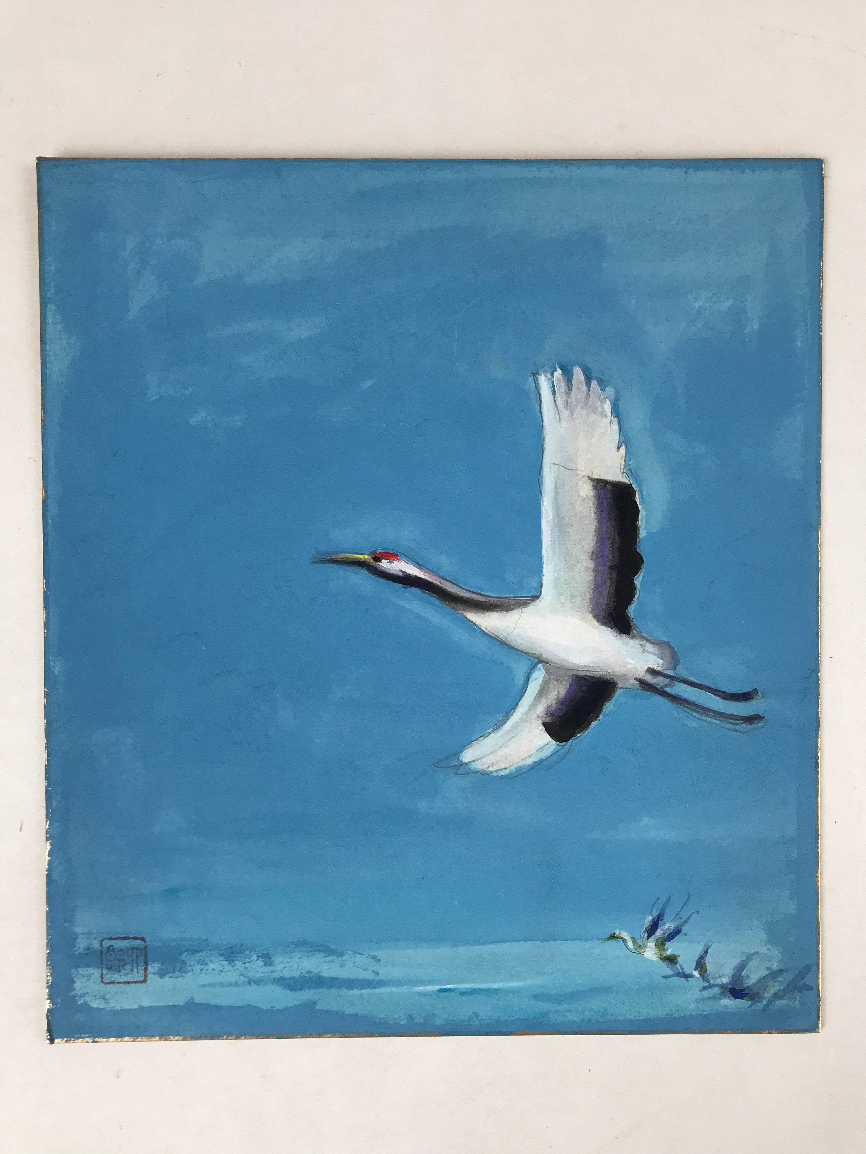 Japanese Shikishi Art Board Painting Flying Crane Tsuru Blue Sky A579