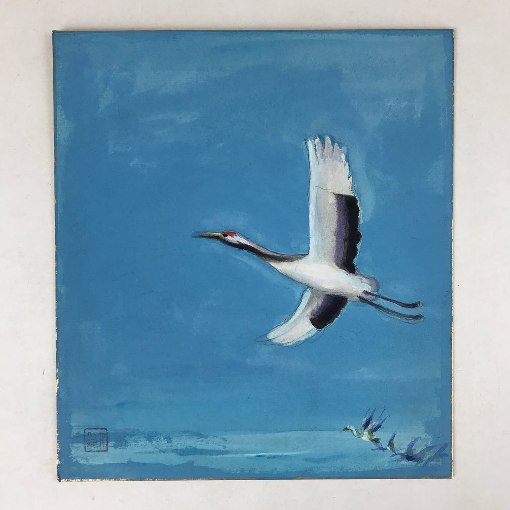 Japanese Shikishi Art Board Painting Flying Crane Tsuru Blue Sky A579
