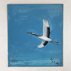 Japanese Shikishi Art Board Painting Flying Crane Tsuru Blue Sky A579