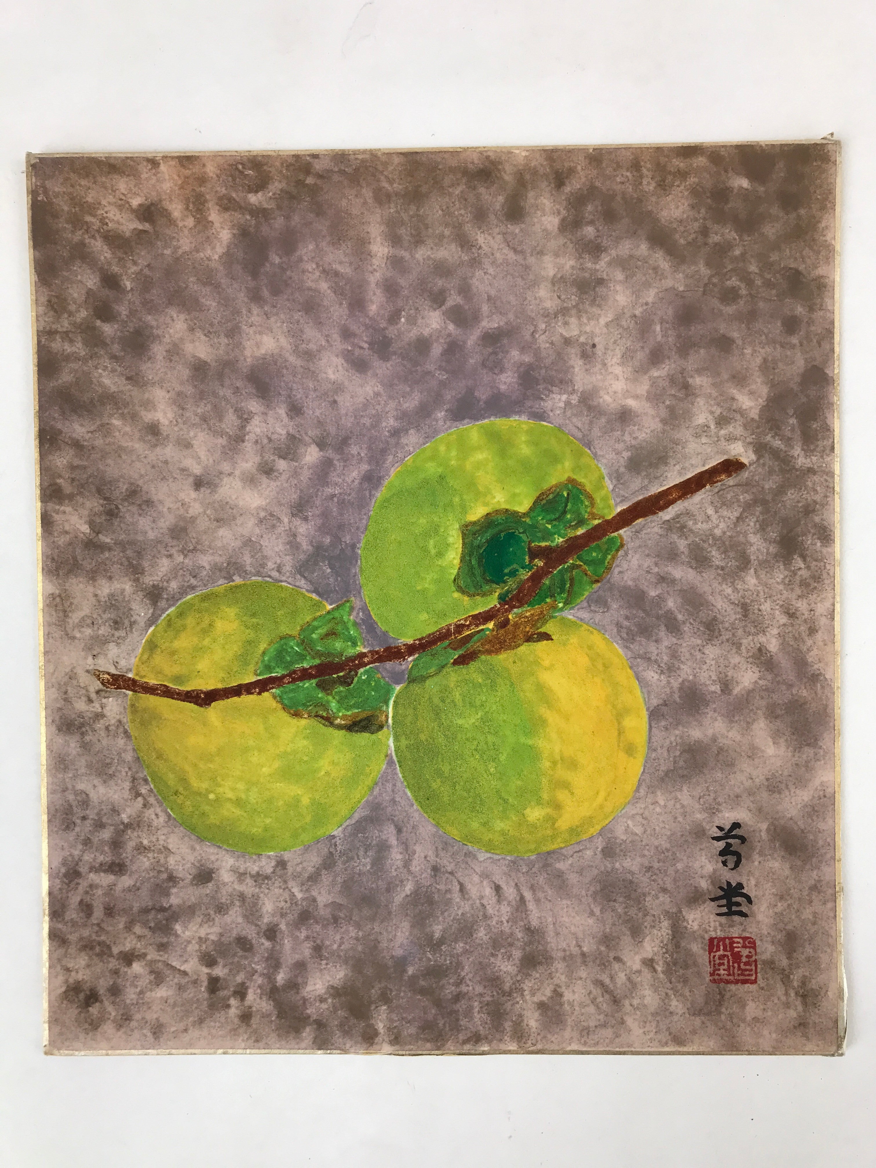 Japanese Shikishi Art Board Painting Green Persimmon Kaki Fruit Branch A583