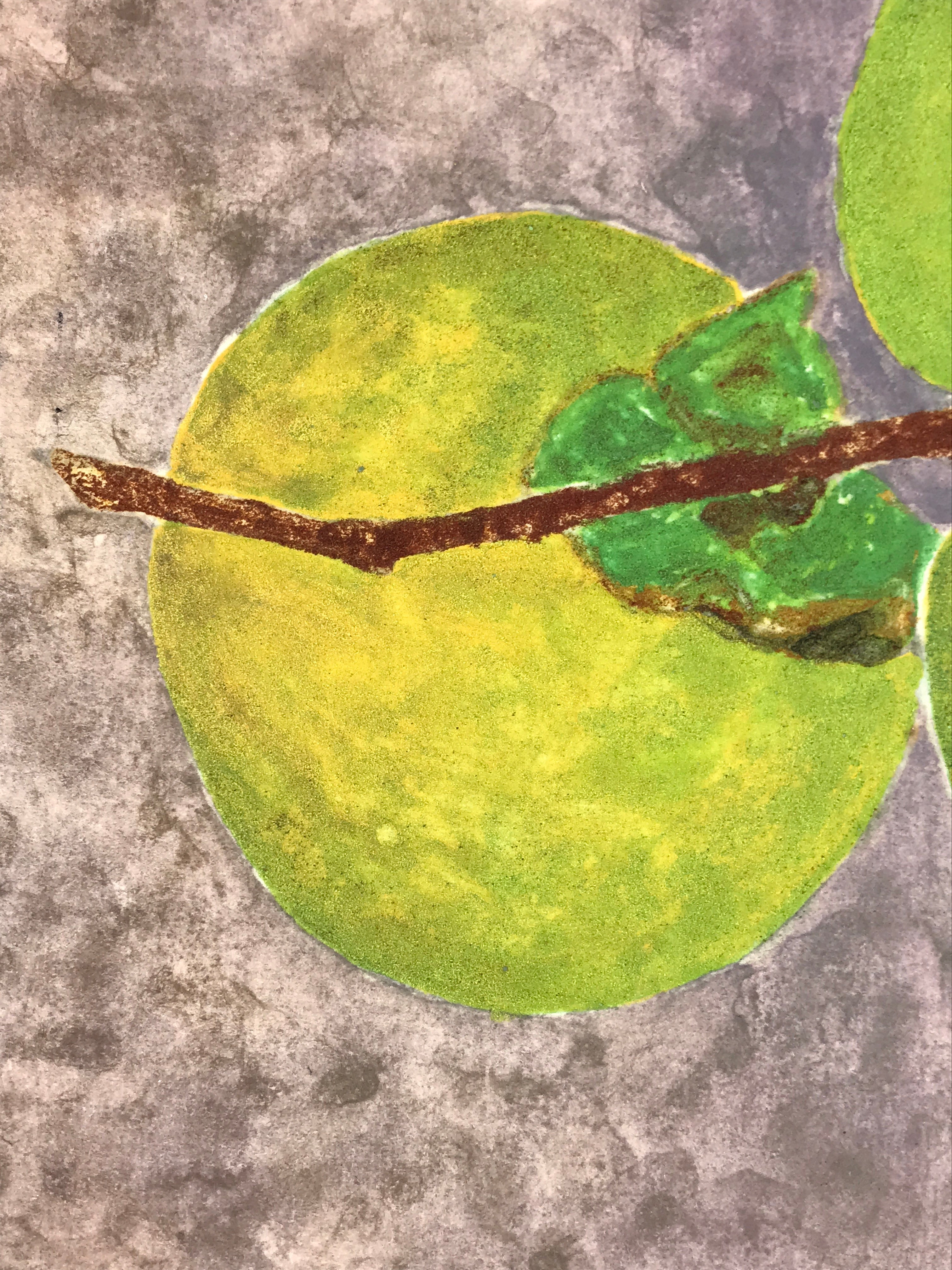 Japanese Shikishi Art Board Painting Green Persimmon Kaki Fruit Branch A583