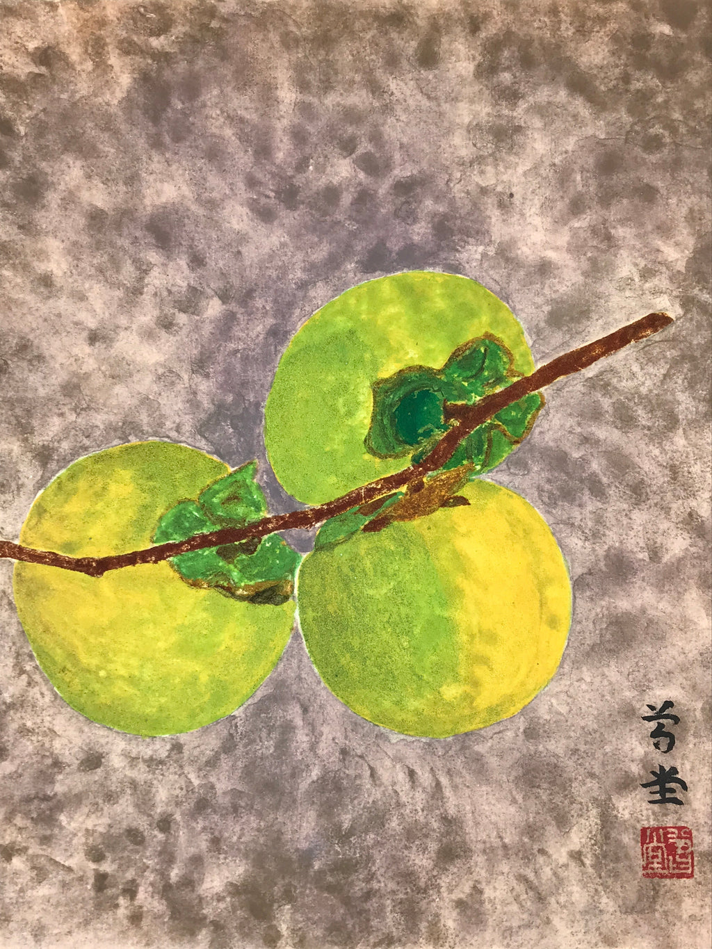 Japanese Shikishi Art Board Painting Green Persimmon Kaki Fruit Branch A583