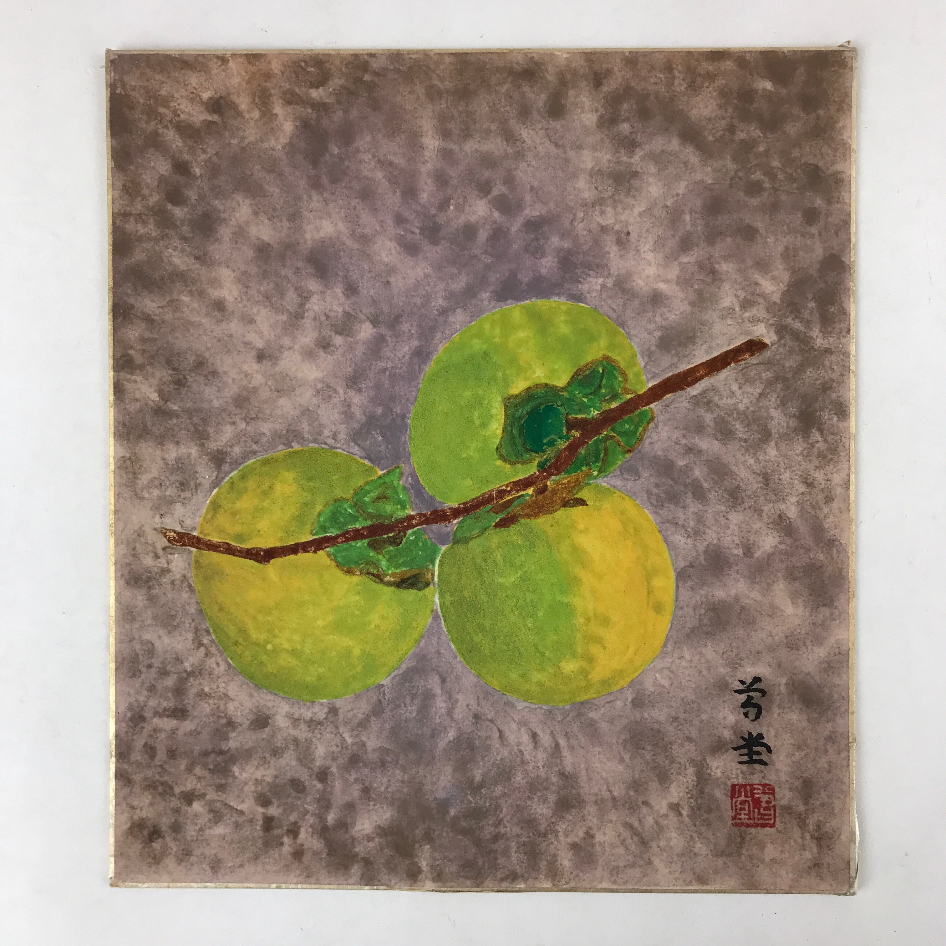 Japanese Shikishi Art Board Painting Green Persimmon Kaki Fruit Branch A583