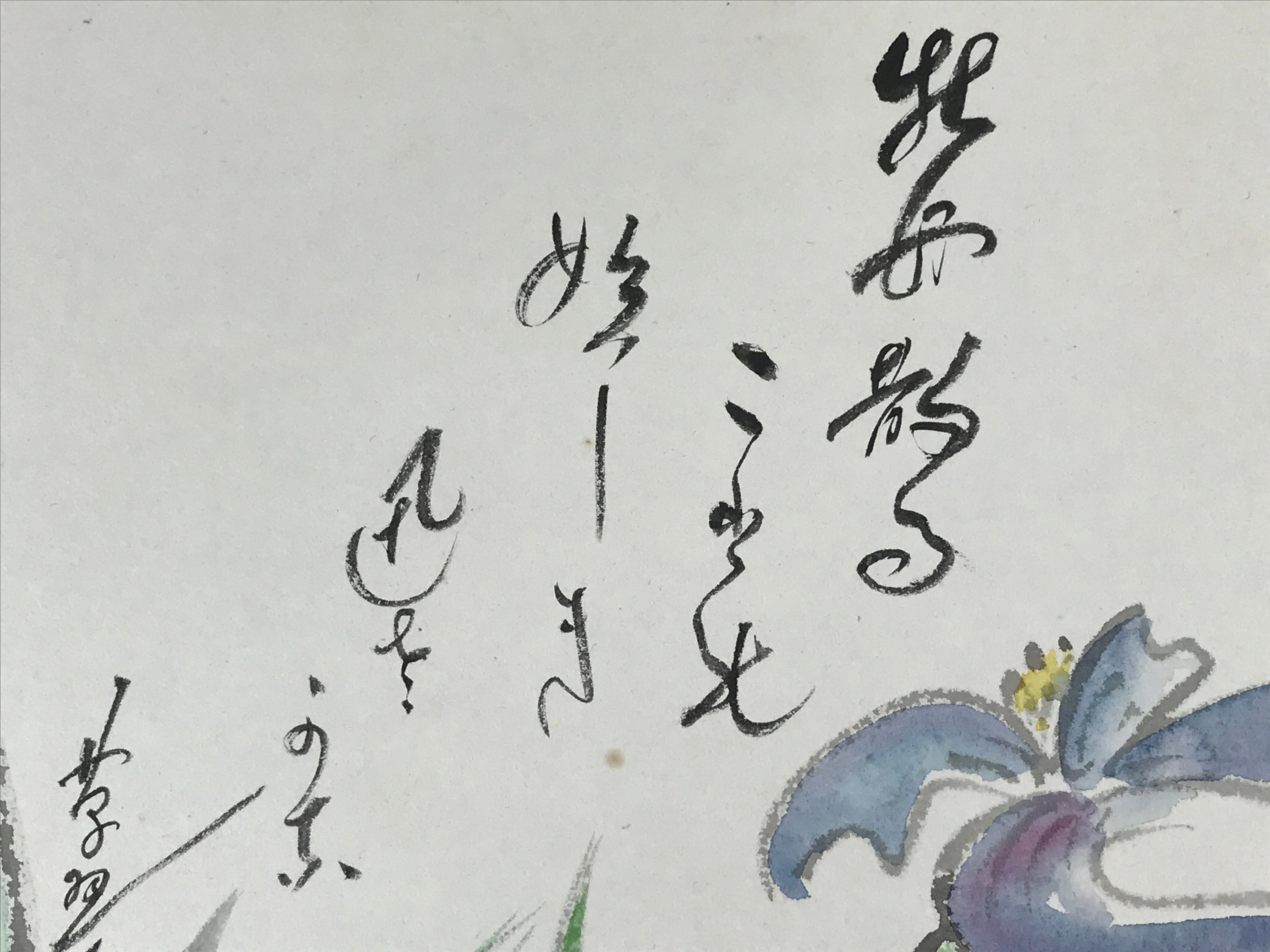 Japanese Shikishi Art Board Painting Iris Flower Purple Calligraphy Poem A559