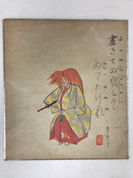 Japanese Shikishi Art Board Painting Man In Kimono Orange Hair Poem A578