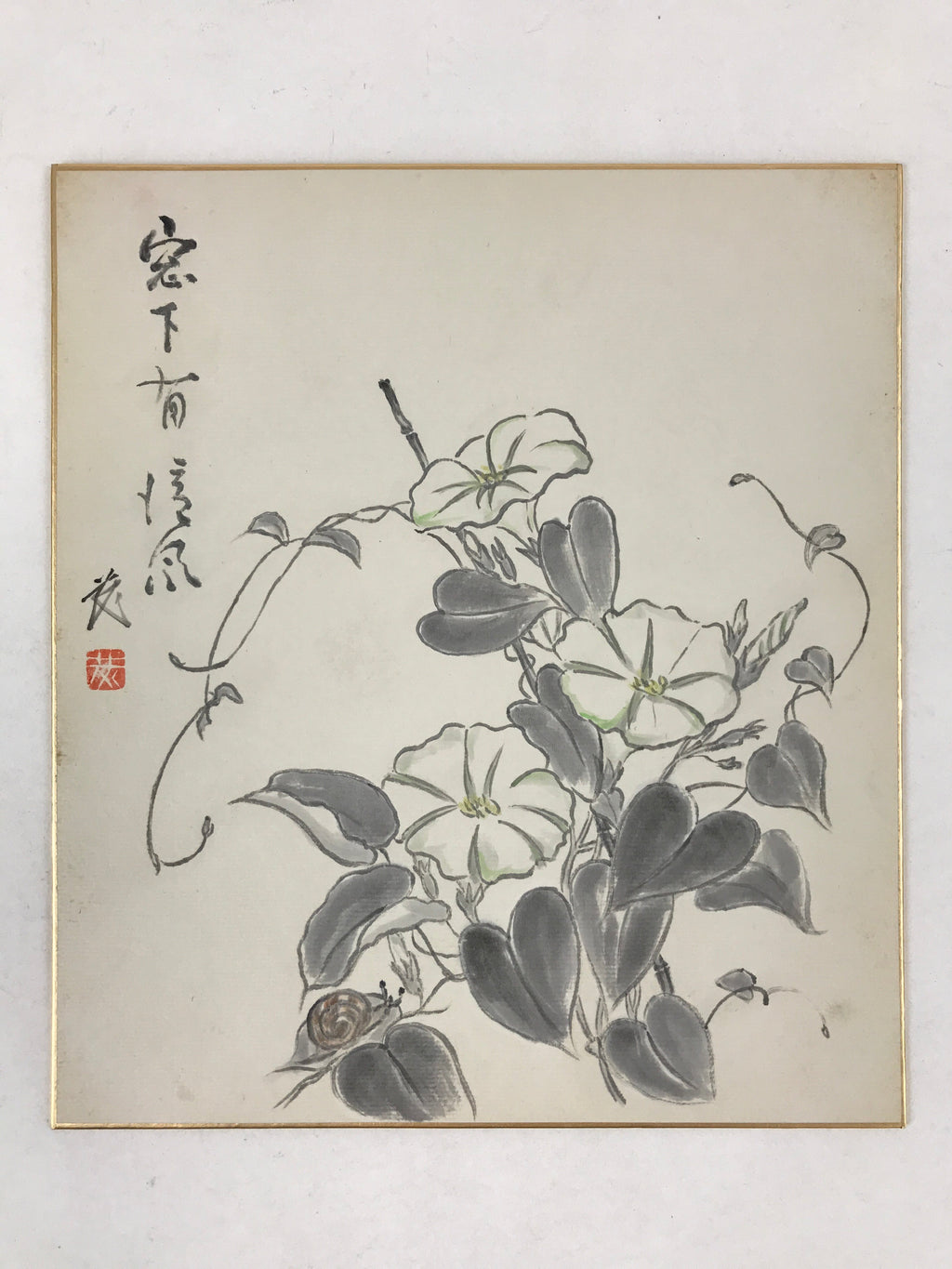 Japanese Shikishi Art Board Painting Moonflower Snail White Morning Glory A556