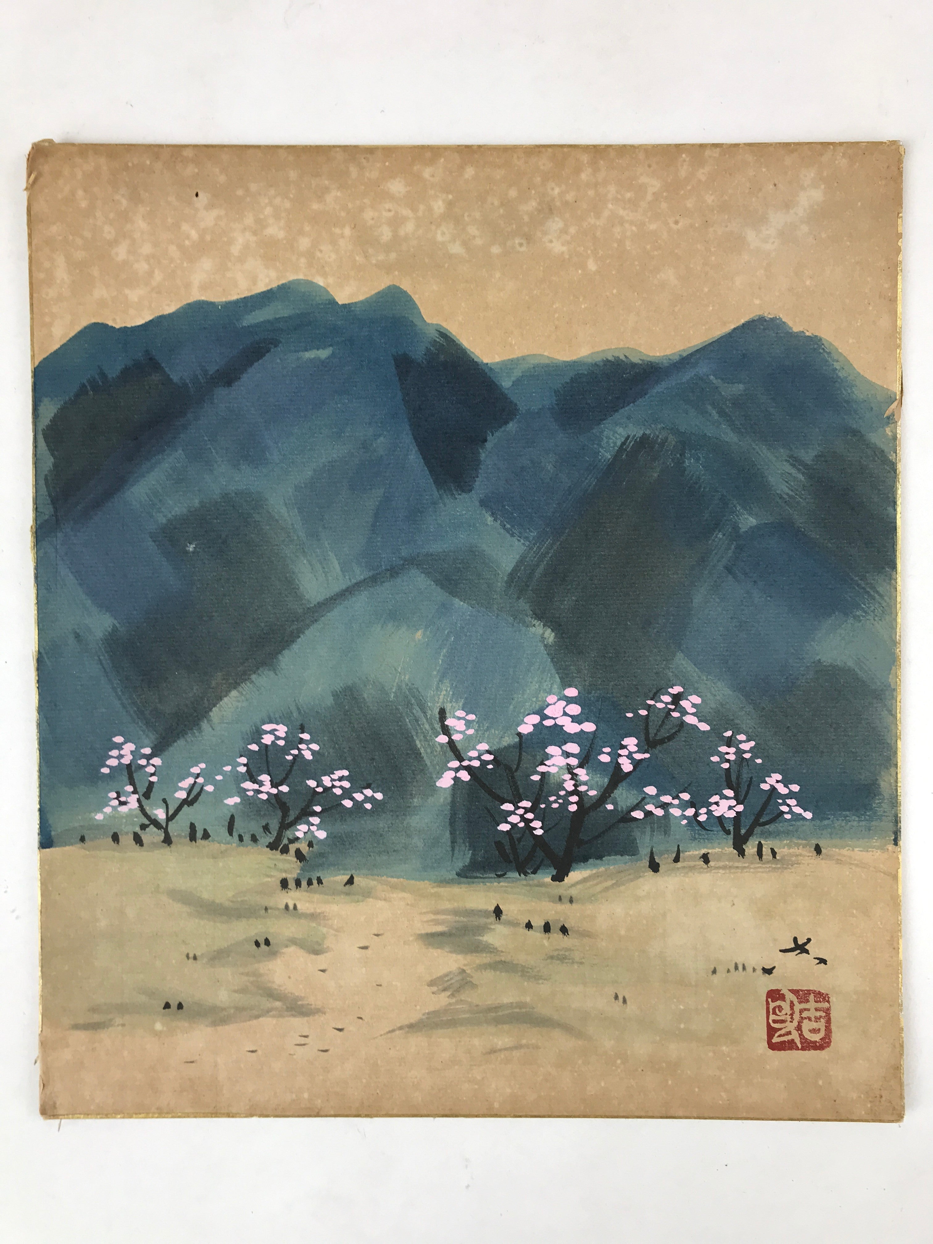 Japanese Shikishi Art Board Painting Mountain Valley Cherry Blossom Nature A586