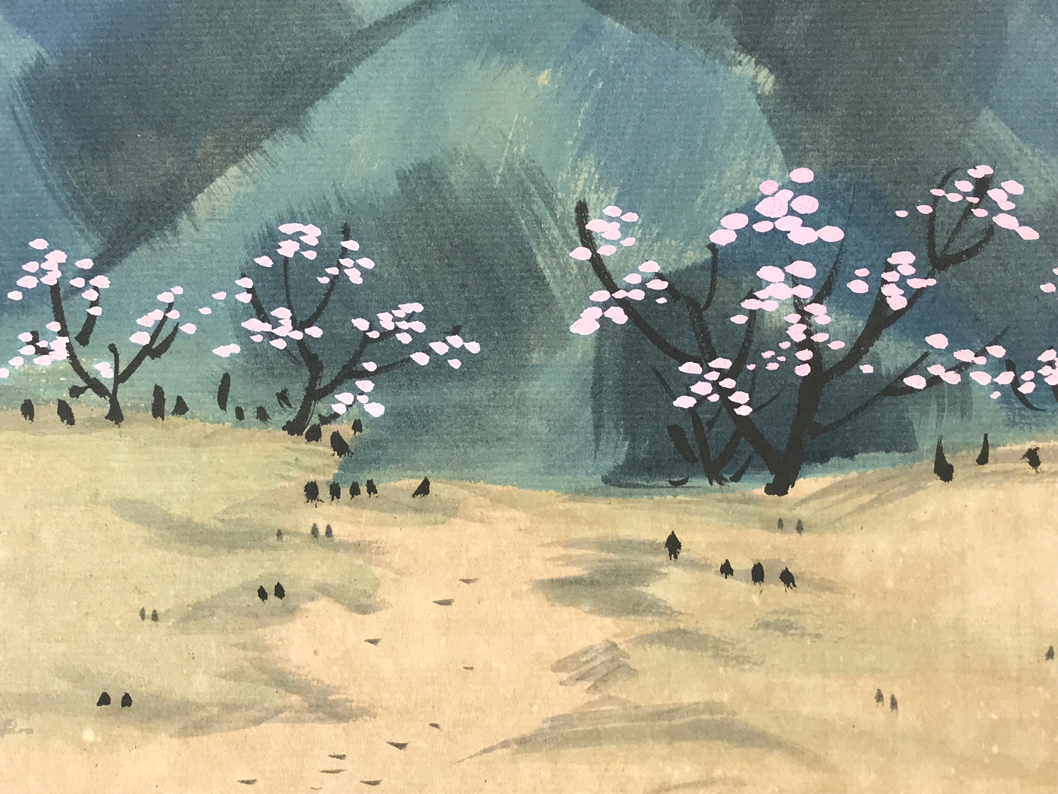 Japanese Shikishi Art Board Painting Mountain Valley Cherry Blossom Nature A586