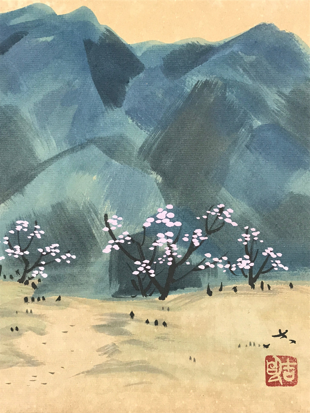 Japanese Shikishi Art Board Painting Mountain Valley Cherry Blossom Nature A586